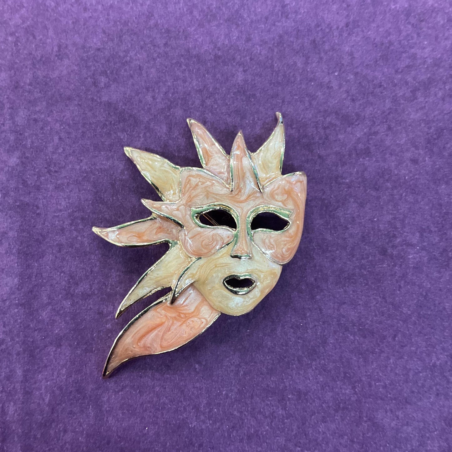 Vintage Enamel and Gold Tone Venetian Mask Brooch