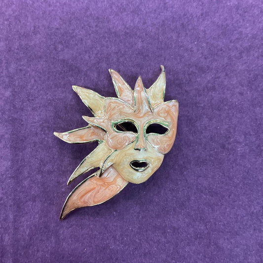 Vintage Enamel and Gold Tone Venetian Mask Brooch