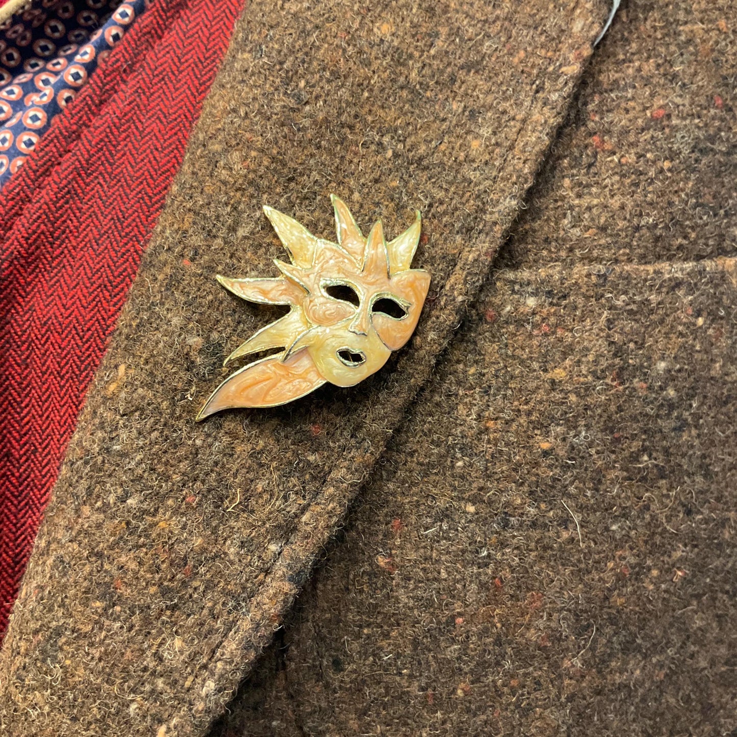Vintage Enamel and Gold Tone Venetian Mask Brooch