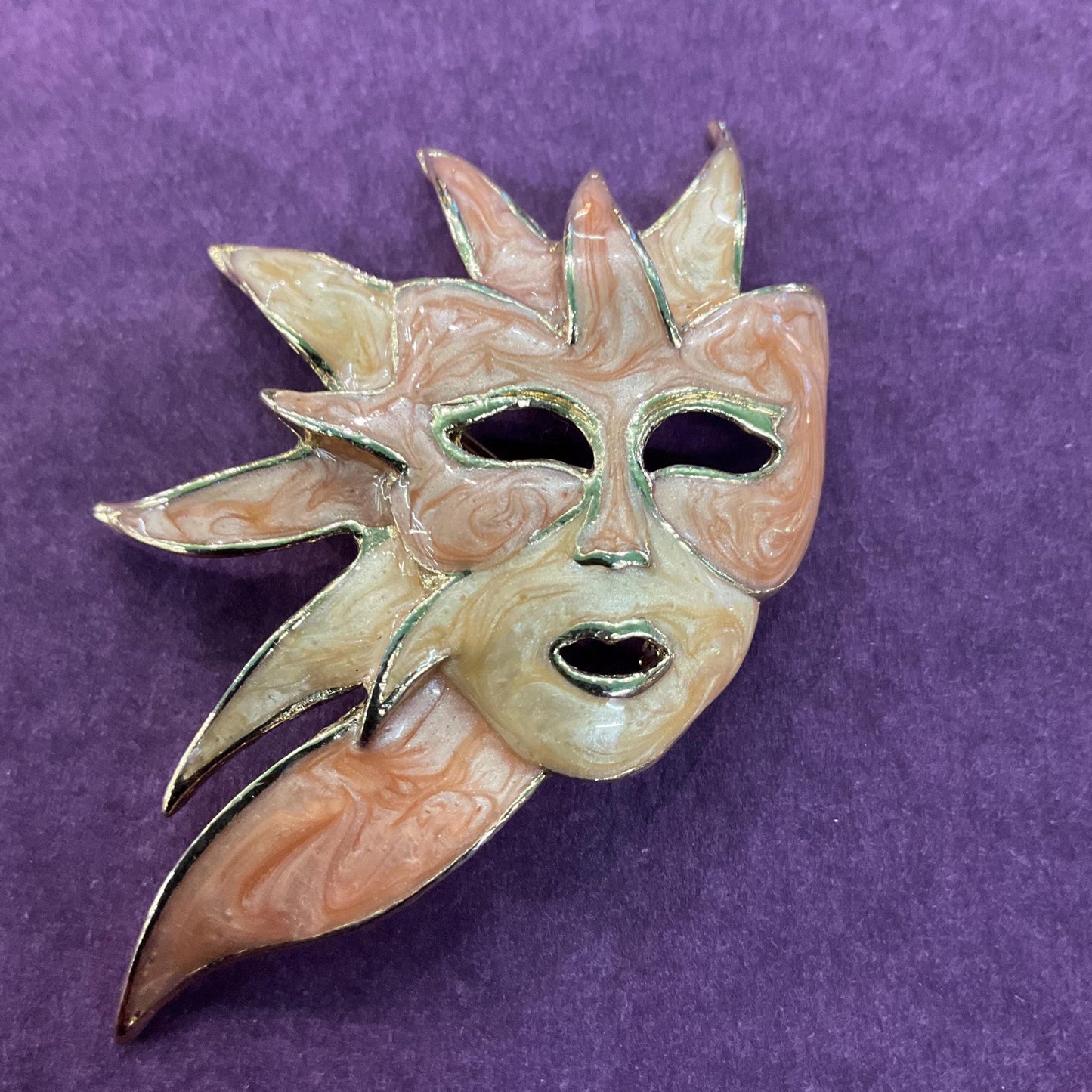 Vintage Enamel and Gold Tone Venetian Mask Brooch