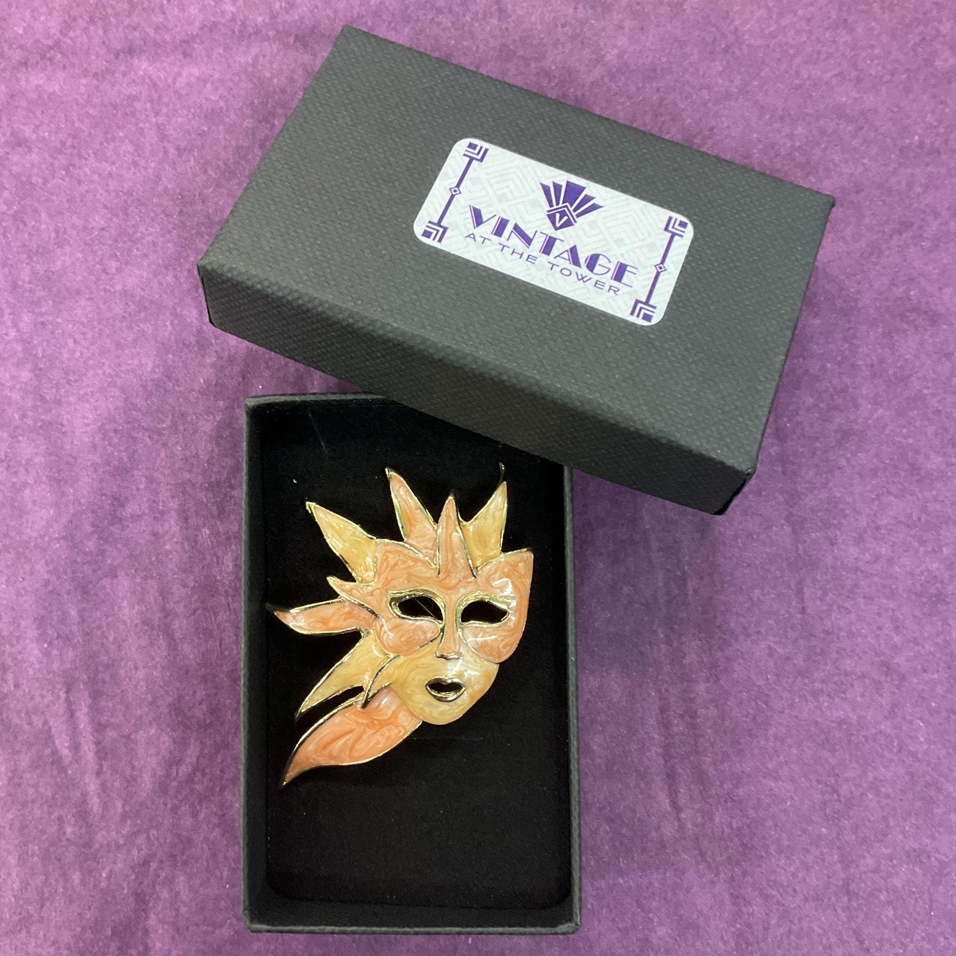 Vintage Enamel and Gold Tone Venetian Mask Brooch