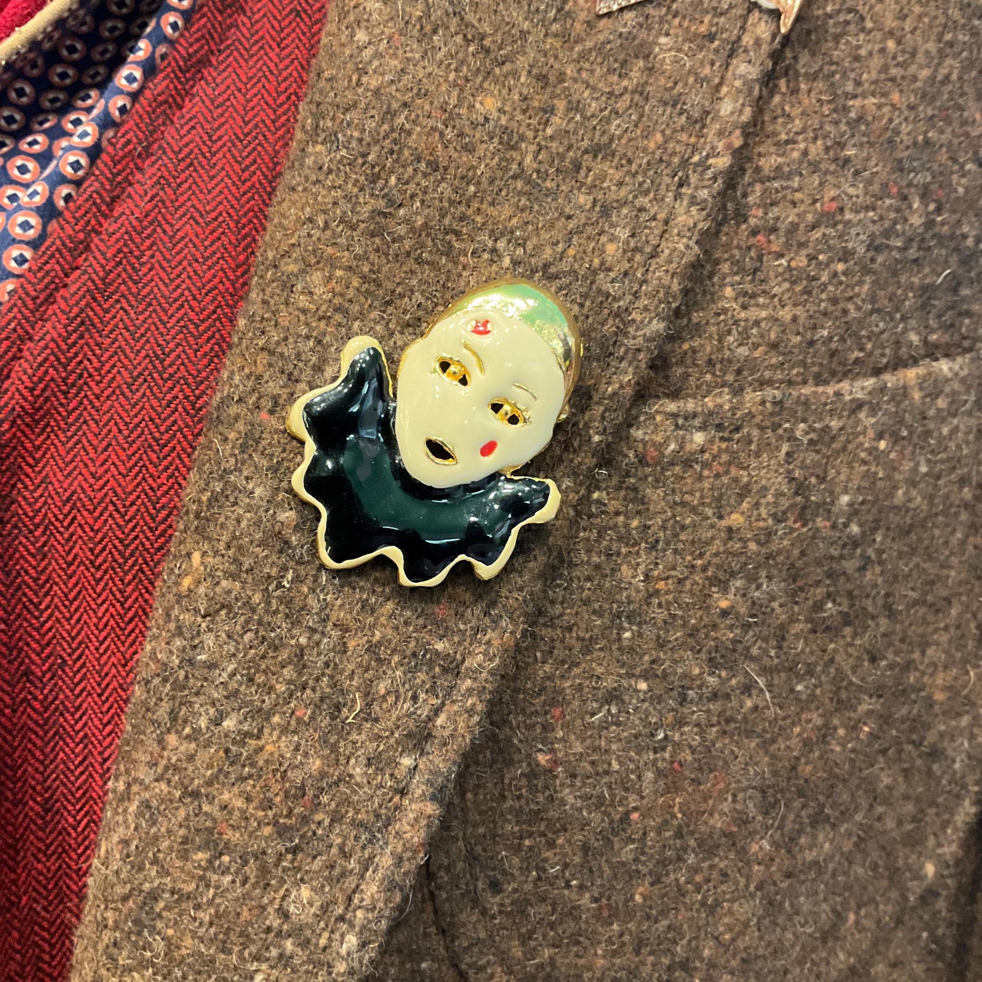 Vintage Art Deco Style Gold Tone Enamel Clown Brooch