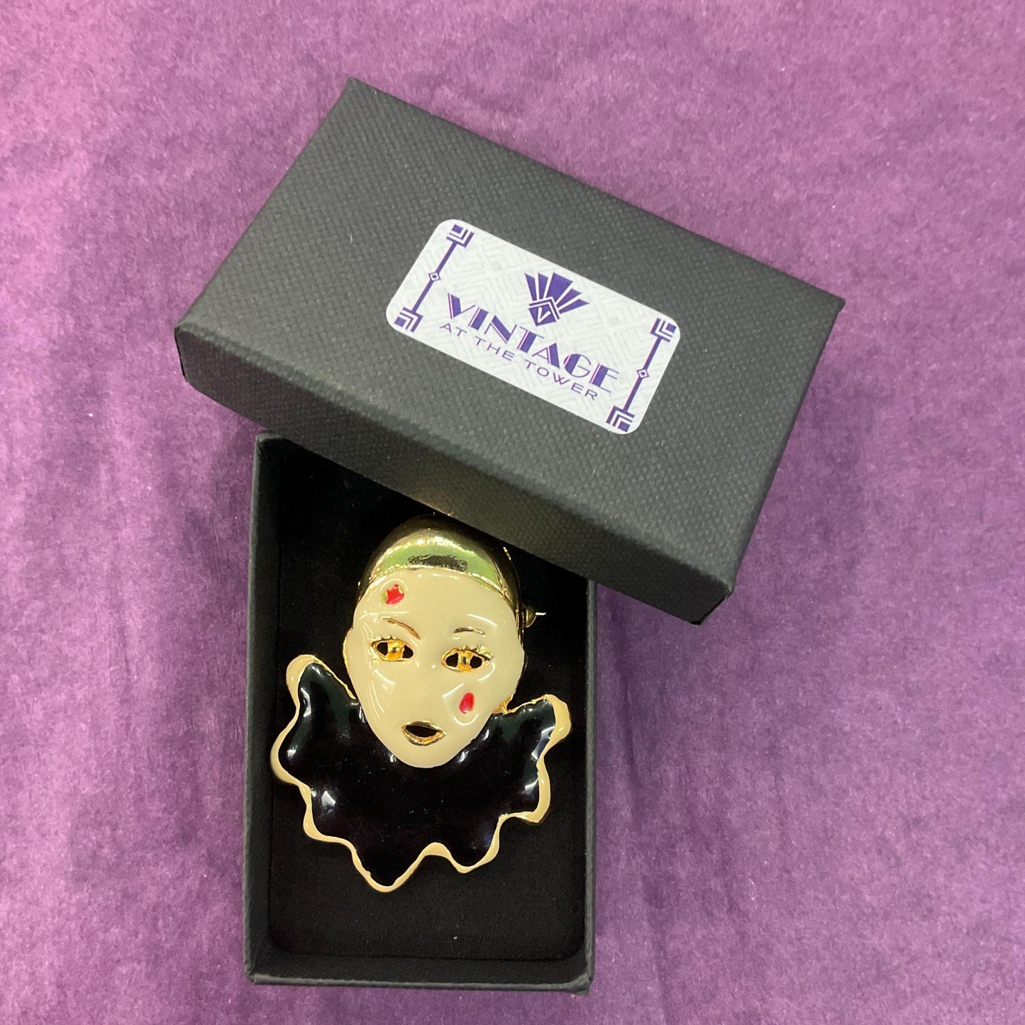 Vintage Art Deco Style Gold Tone Enamel Clown Brooch