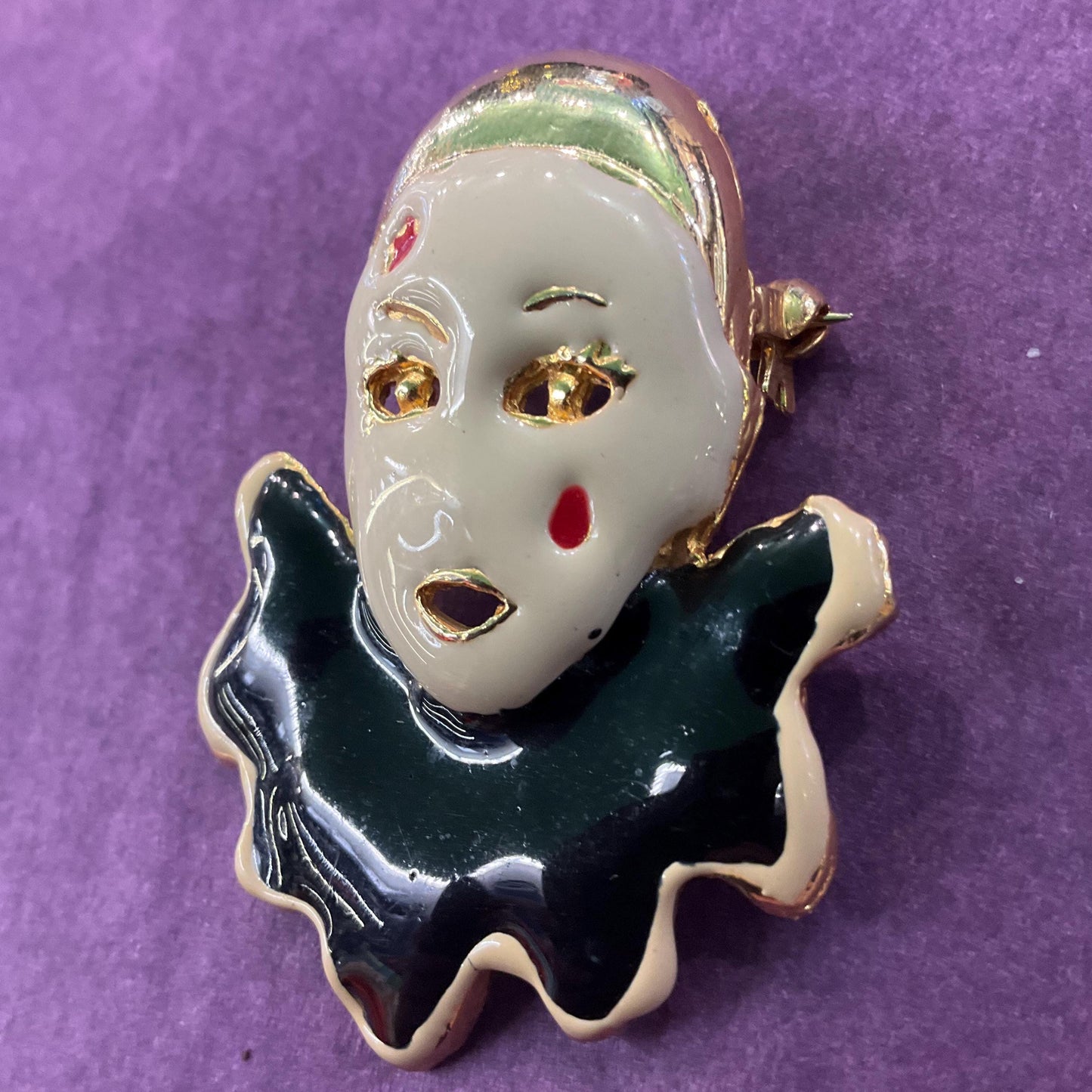 Vintage Art Deco Style Gold Tone Enamel Clown Brooch