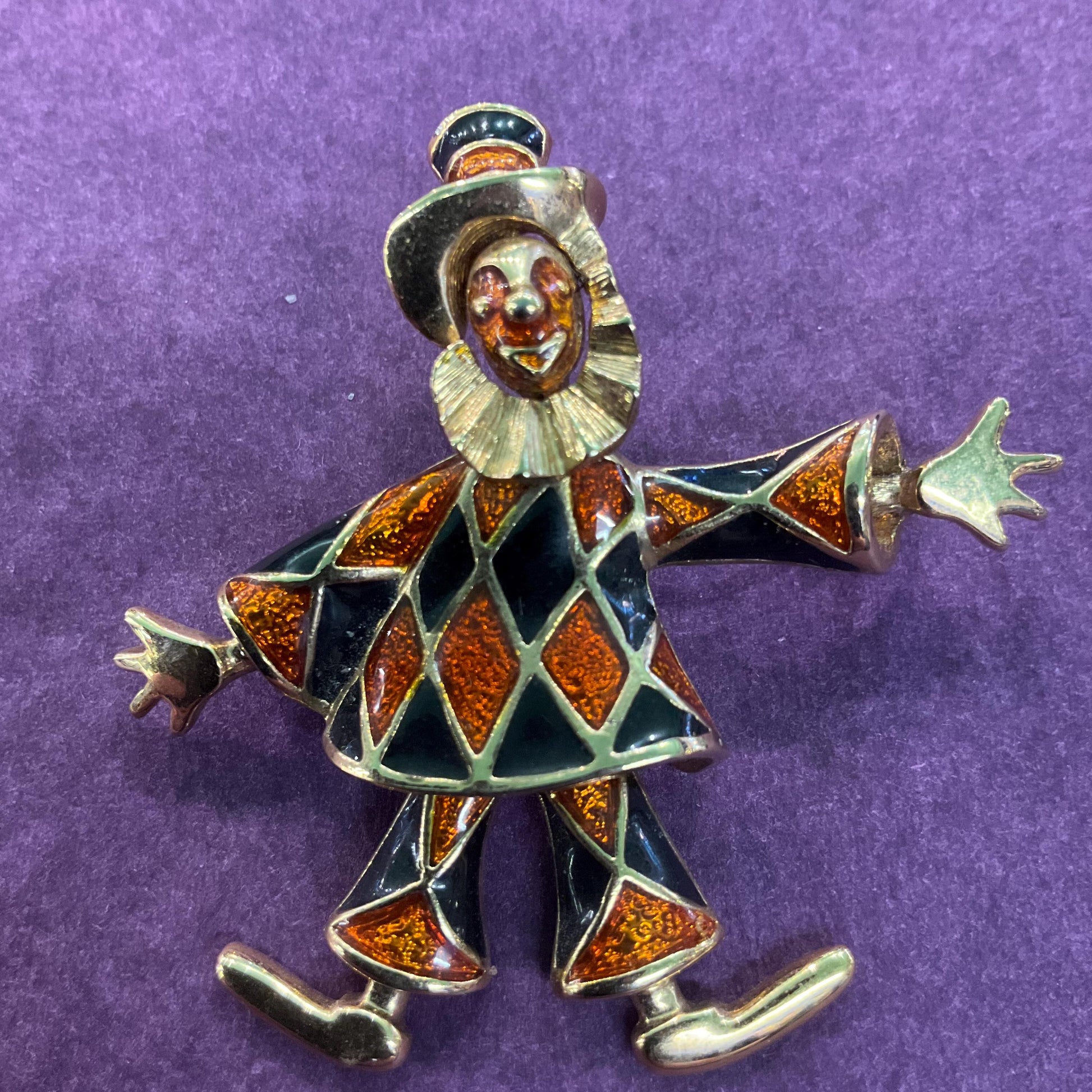Vintage Quirky Gold Tone and Enamel Clown Brooch