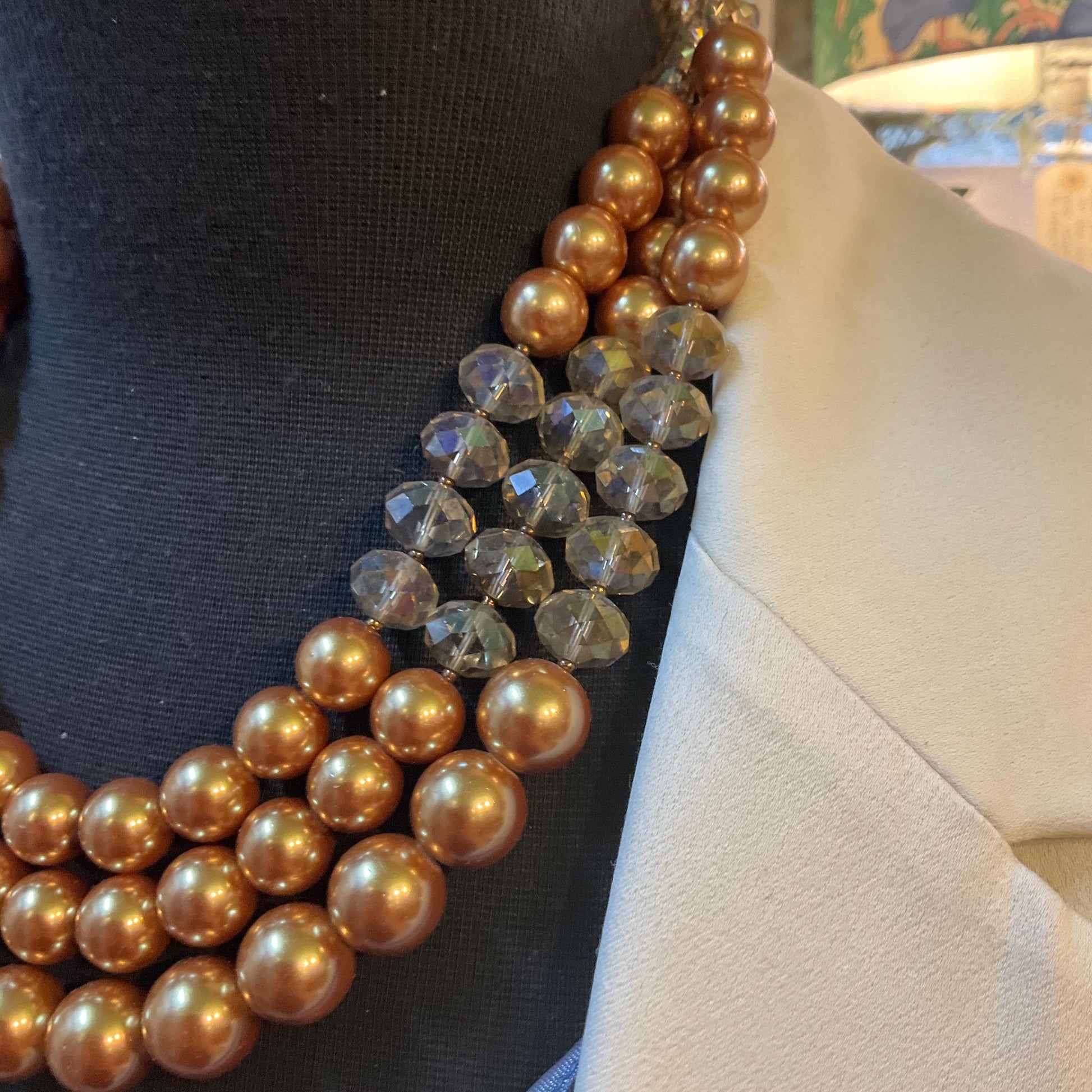 Vintage Butler and Wilson Gold Tone Borealis Crystal and Faux Pearl Triple Strand Statement Necklace