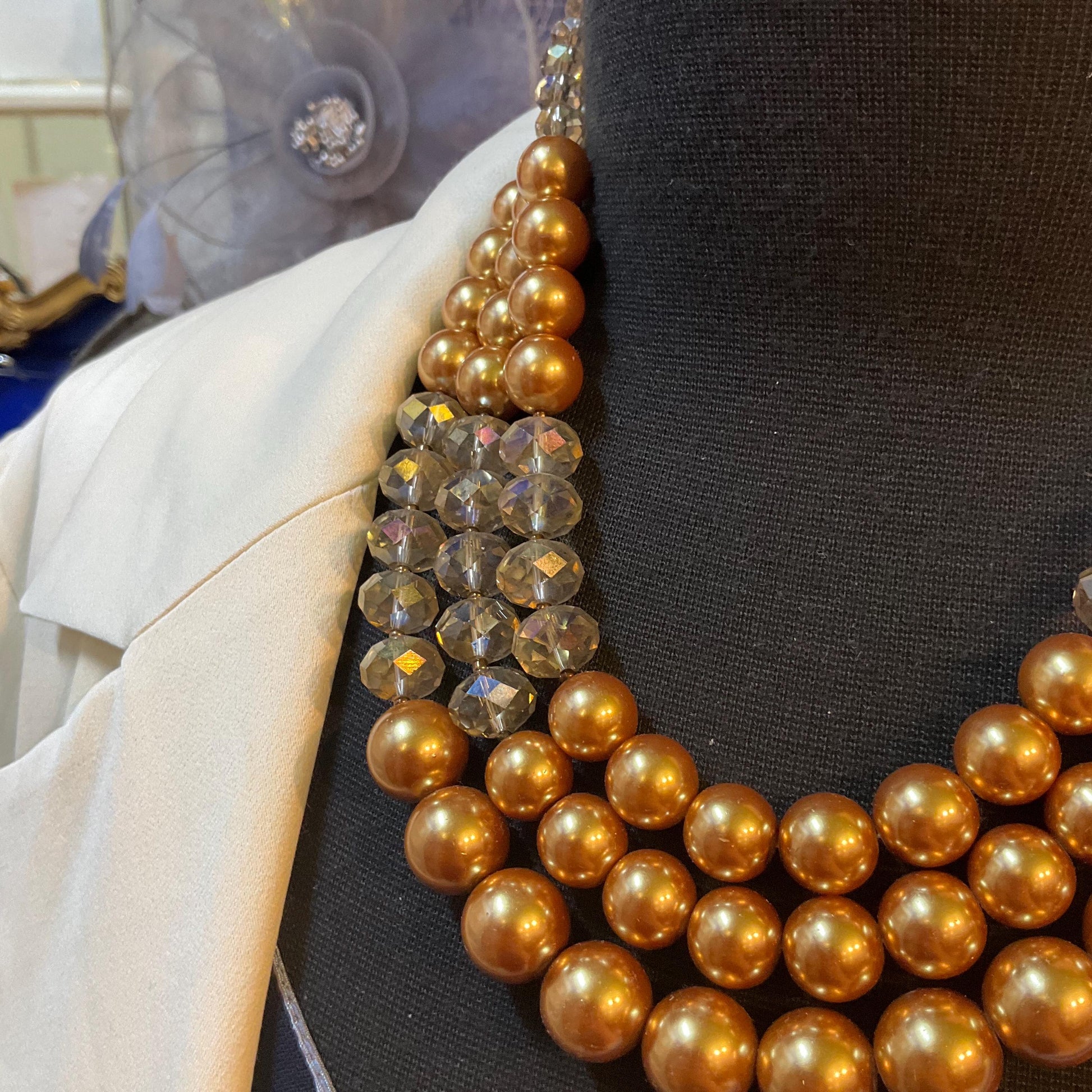 Vintage Butler and Wilson Gold Tone Borealis Crystal and Faux Pearl Triple Strand Statement Necklace