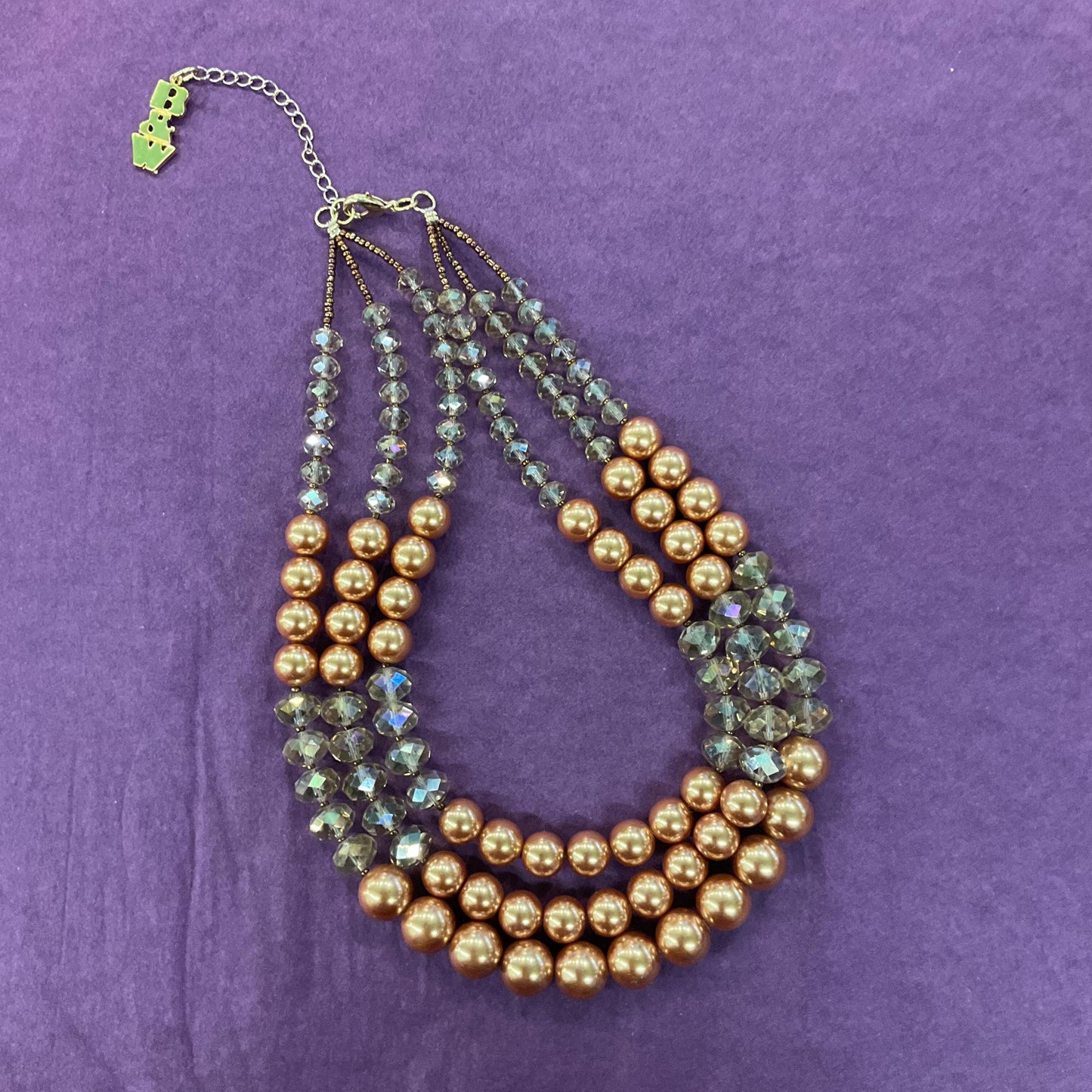 Vintage Butler and Wilson Gold Tone Borealis Crystal and Faux Pearl Triple Strand Statement Necklace