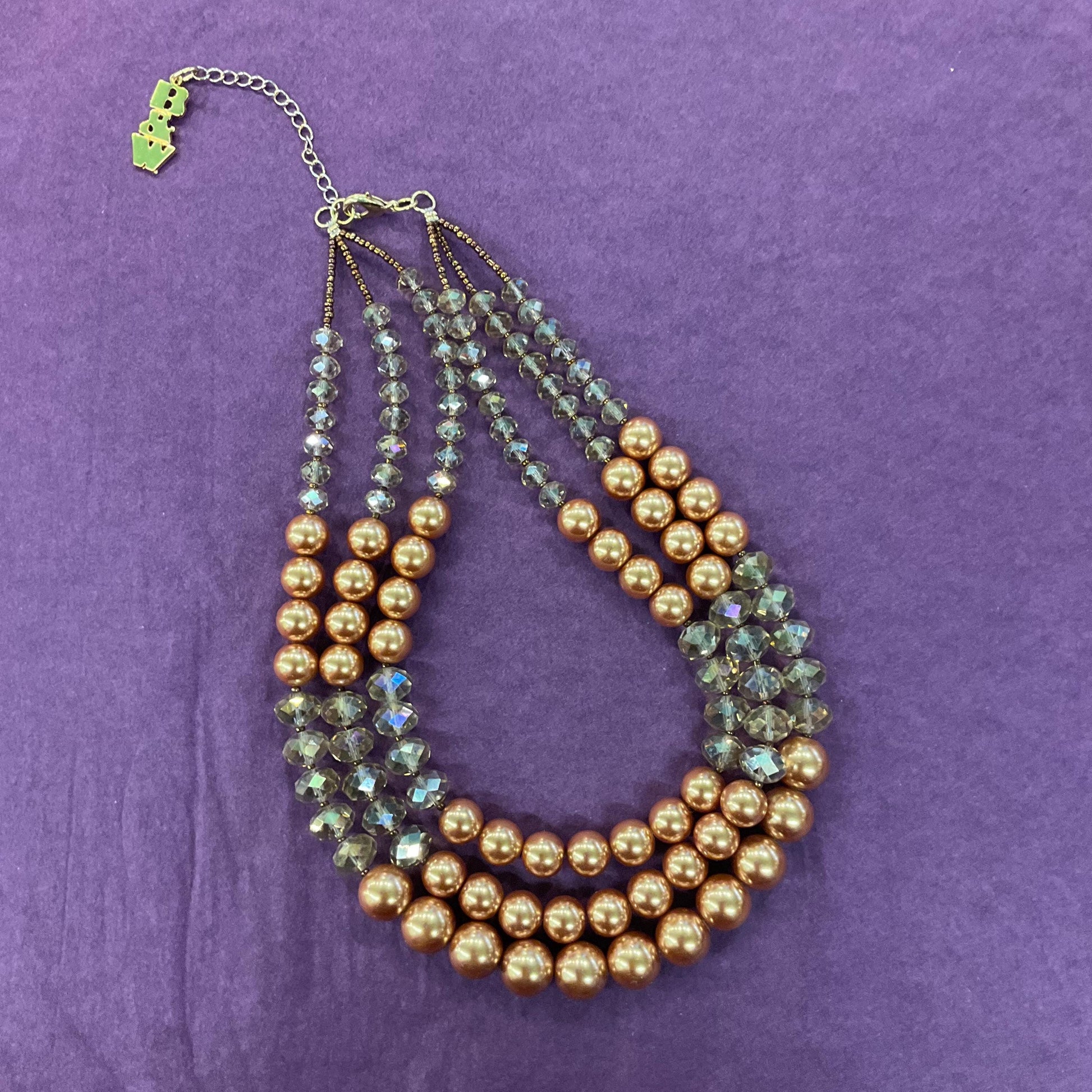 Vintage Butler and Wilson Gold Tone Borealis Crystal and Faux Pearl Triple Strand Statement Necklace