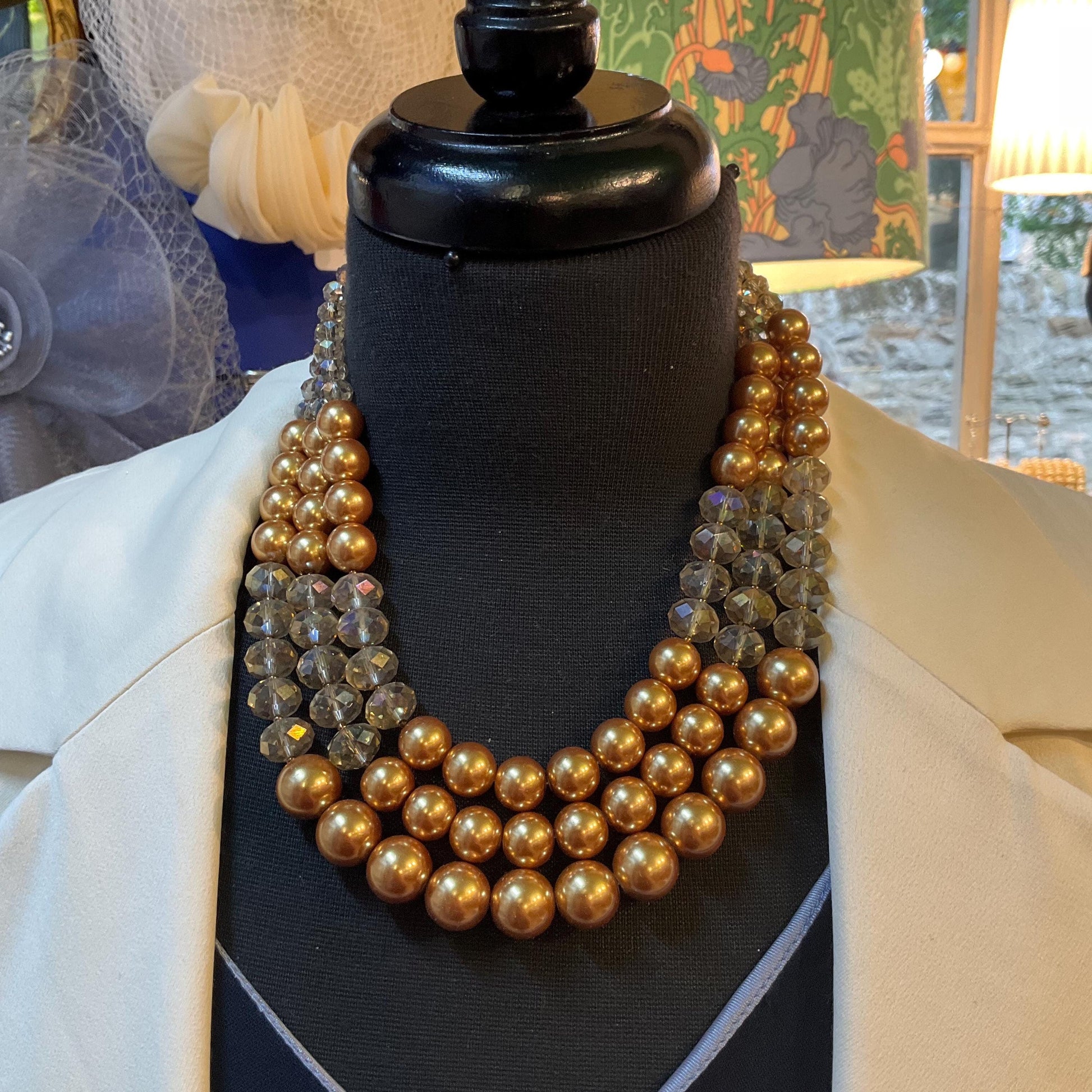 Vintage Butler and Wilson Gold Tone Borealis Crystal and Faux Pearl Triple Strand Statement Necklace