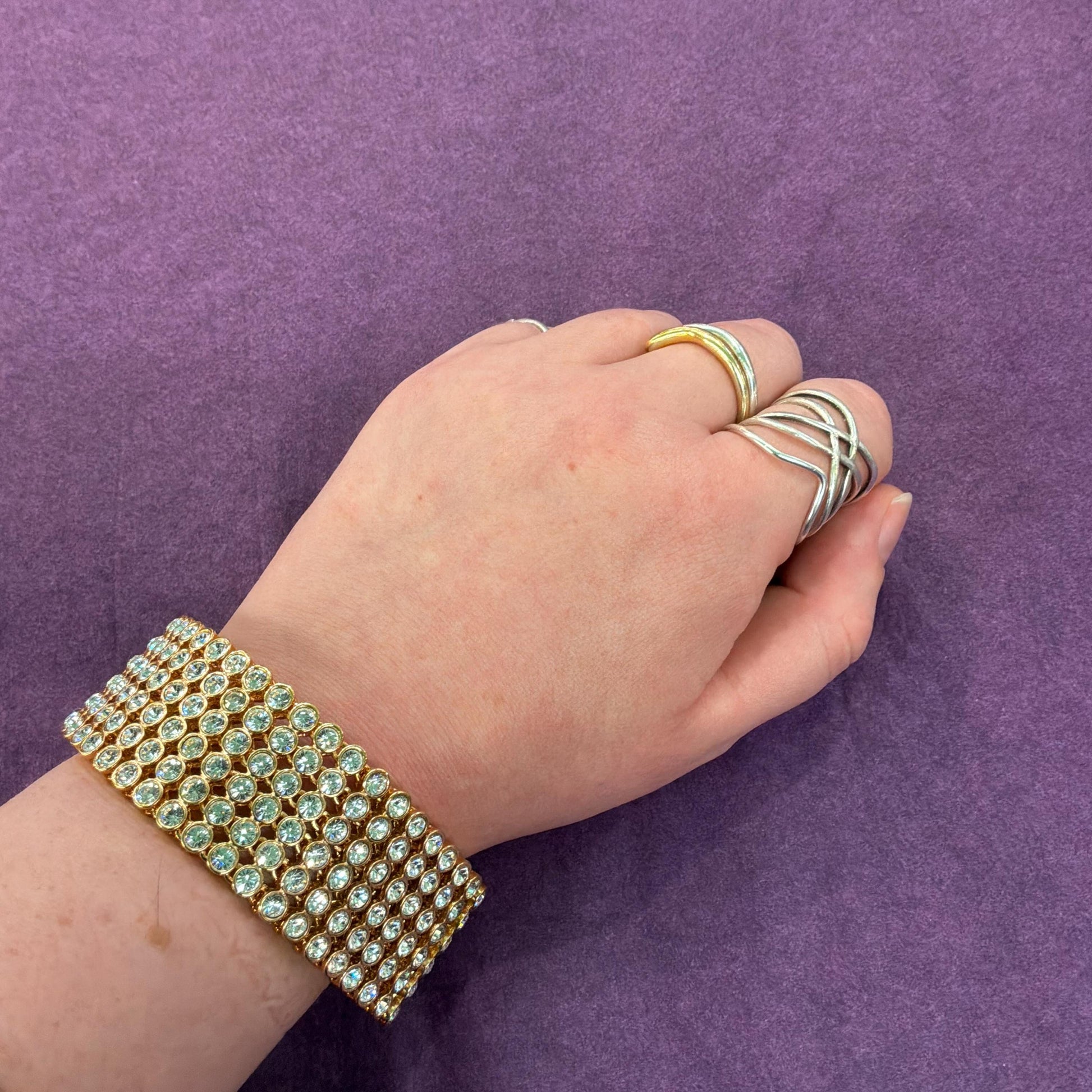 Vintage 1980s Statement Gold Tone and Silver Crystal Bracelet