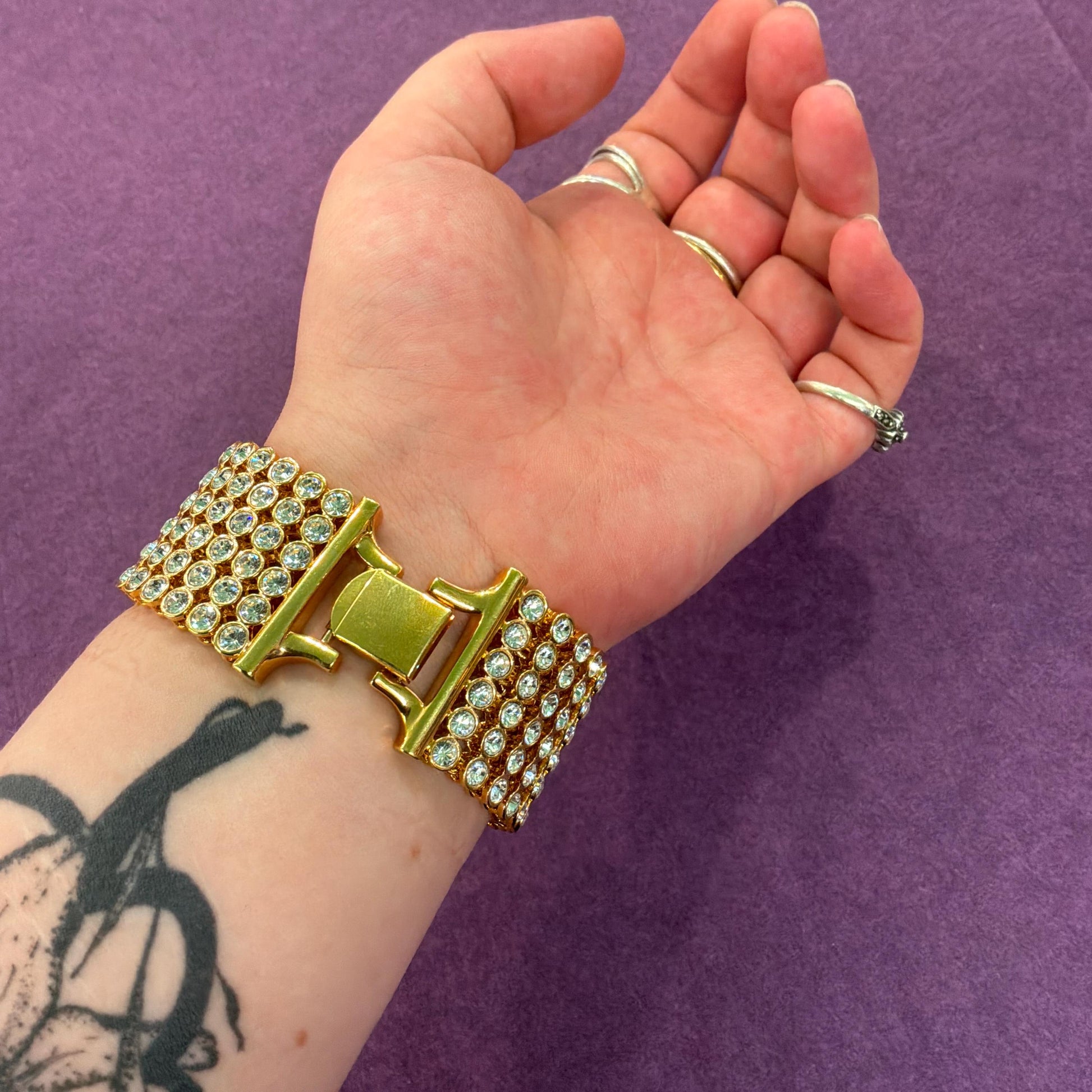 Vintage 1980s Statement Gold Tone and Silver Crystal Bracelet