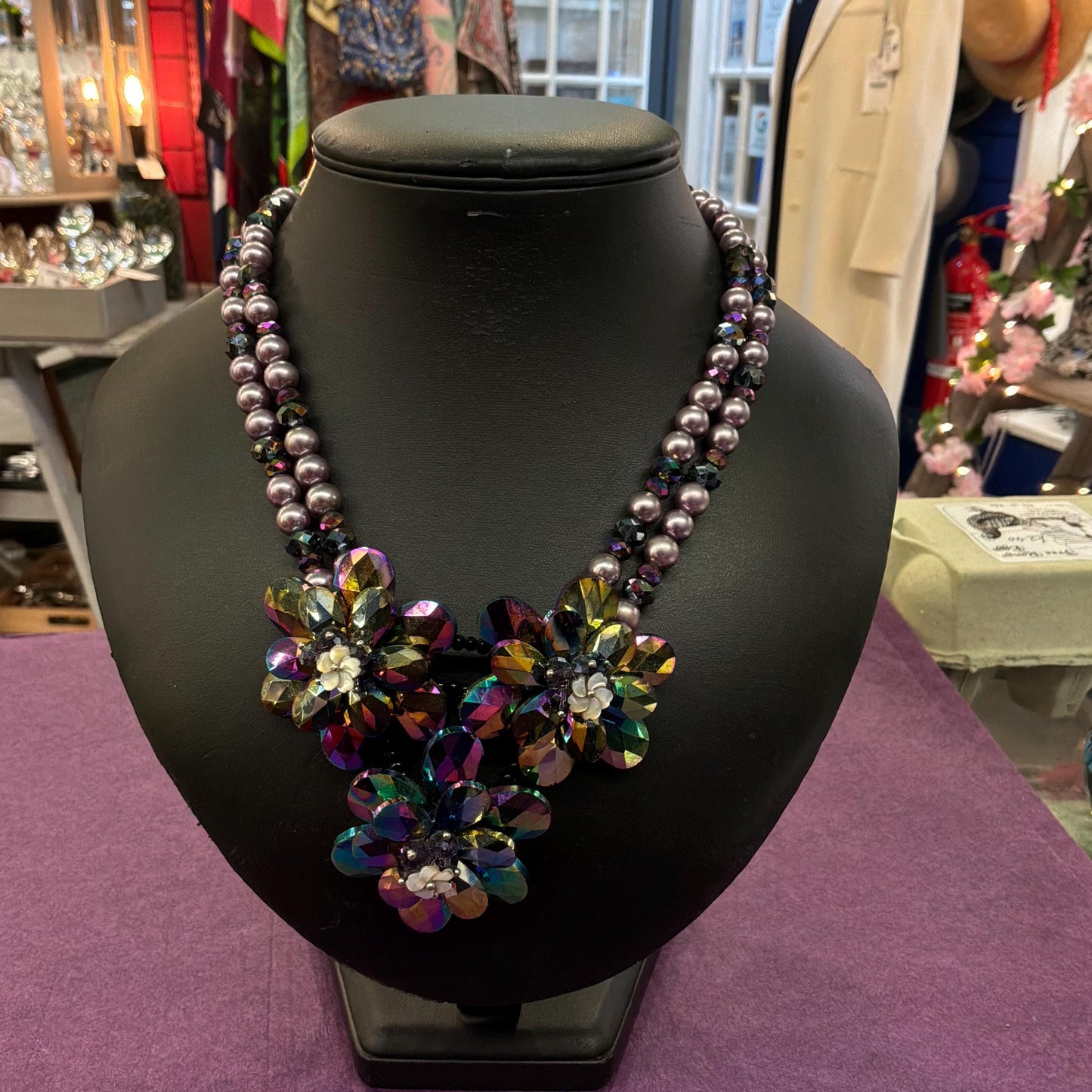 Vintage Butler and Wilson Purple Borealis Crystal and Faux Pearl Floral Statement Necklace