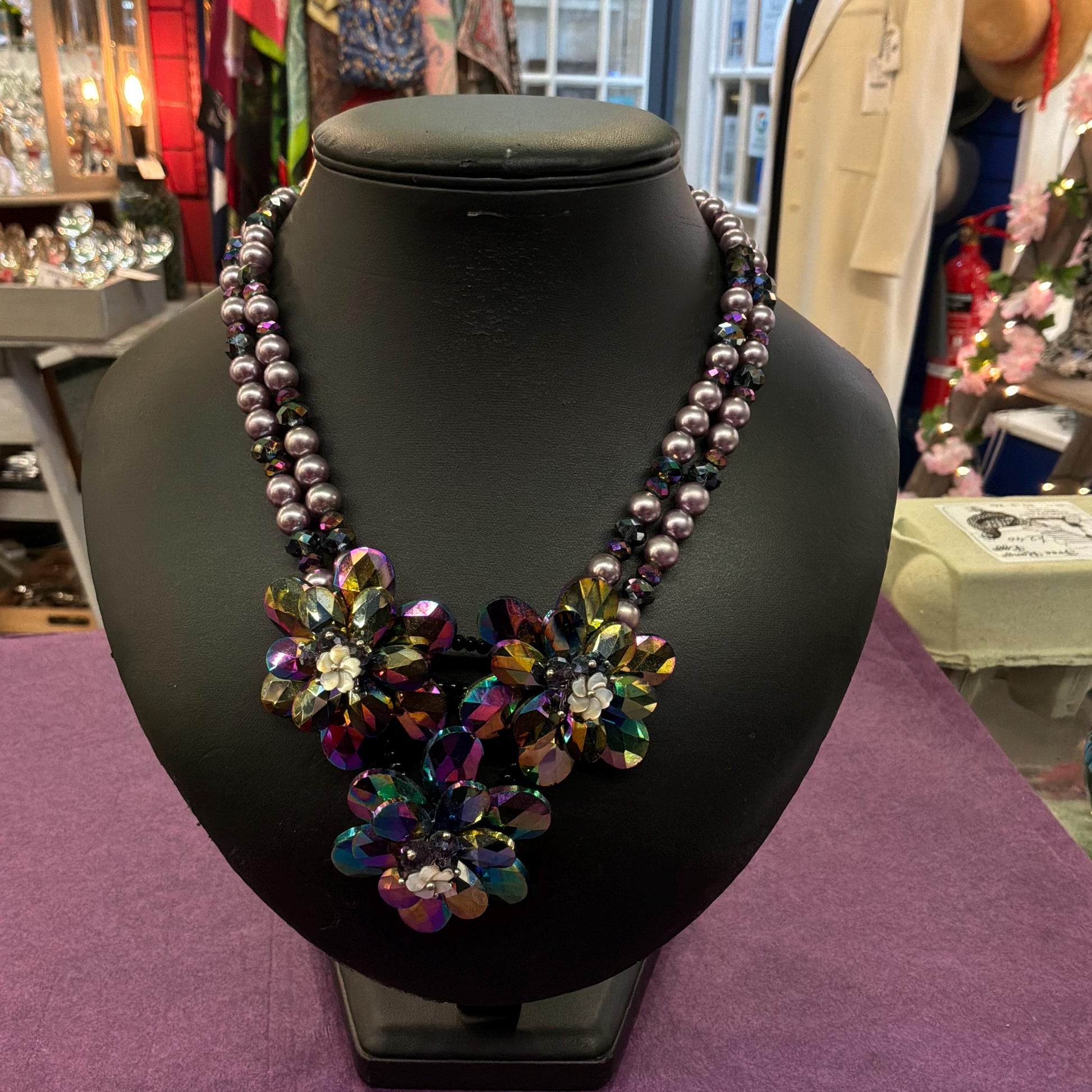 Vintage Butler and Wilson Purple Borealis Crystal and Faux Pearl Floral Statement Necklace