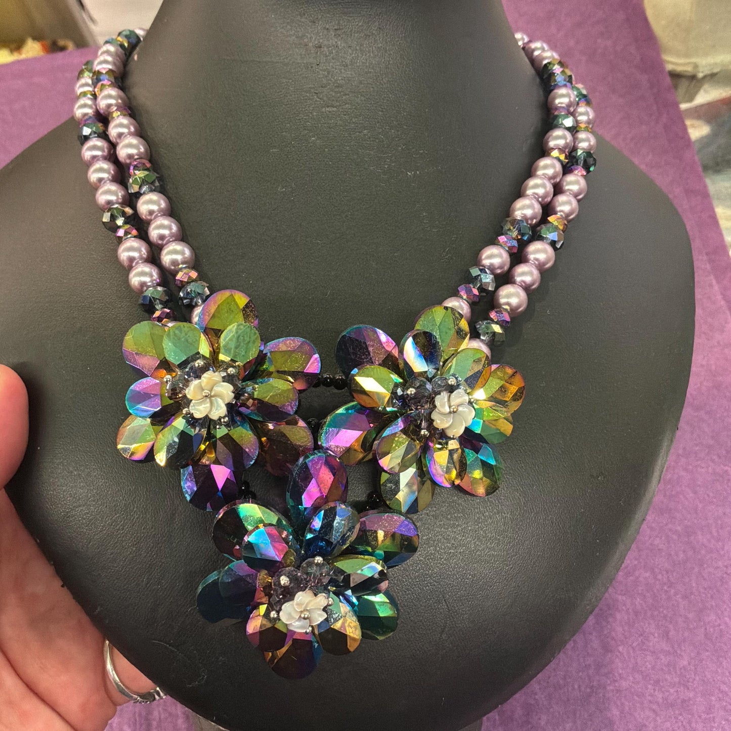 Vintage Butler and Wilson Purple Borealis Crystal and Faux Pearl Floral Statement Necklace