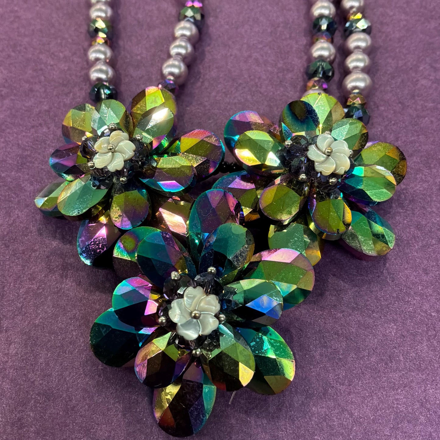 Vintage Butler and Wilson Purple Borealis Crystal and Faux Pearl Floral Statement Necklace