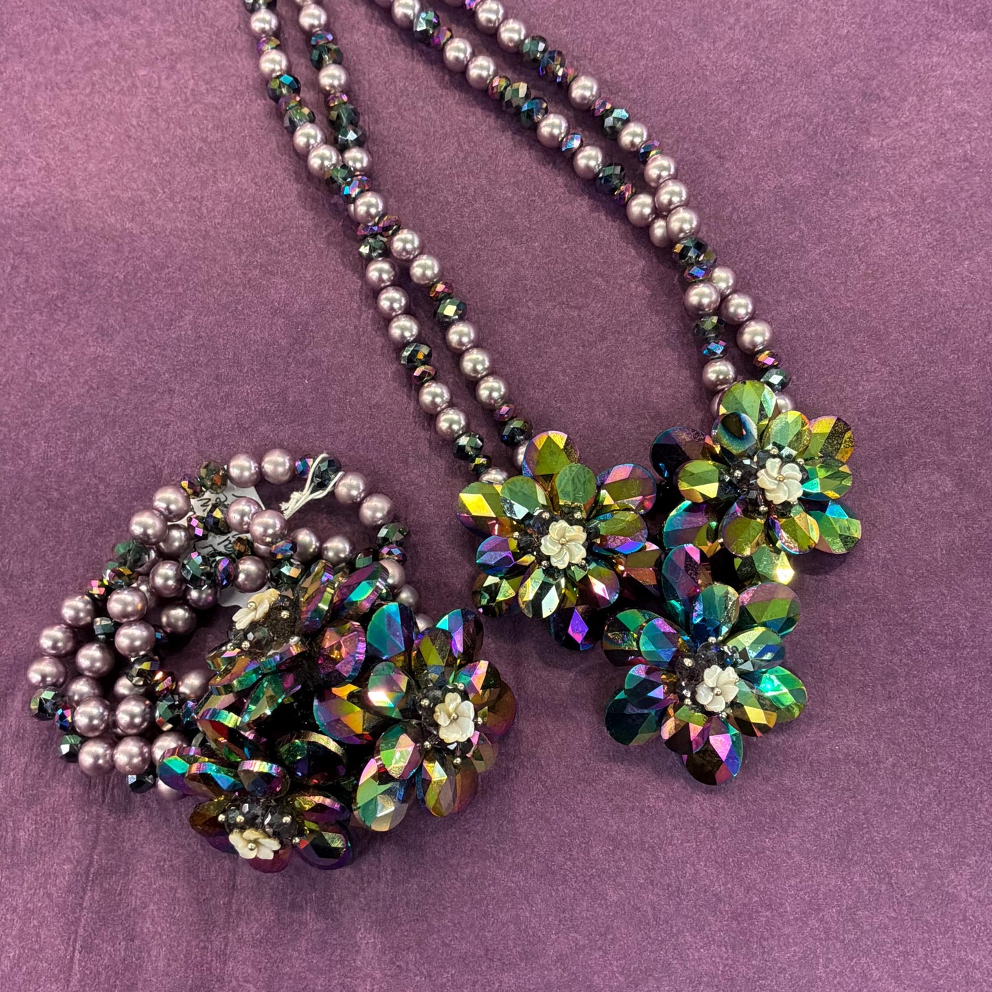 Vintage Butler and Wilson Purple Borealis Crystal and Faux Pearl Floral Statement Necklace