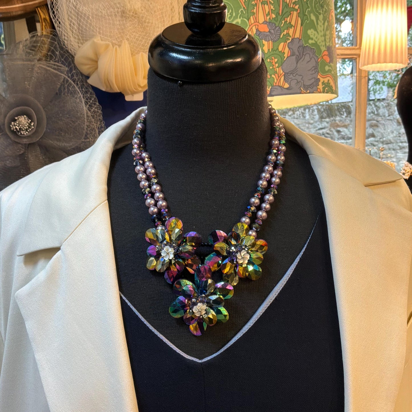 Vintage Butler and Wilson Purple Borealis Crystal and Faux Pearl Floral Statement Necklace