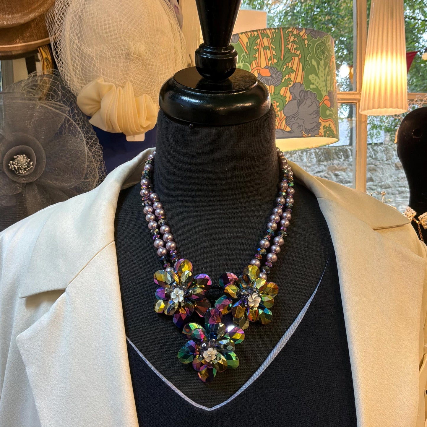 Vintage Butler and Wilson Purple Borealis Crystal and Faux Pearl Floral Statement Necklace