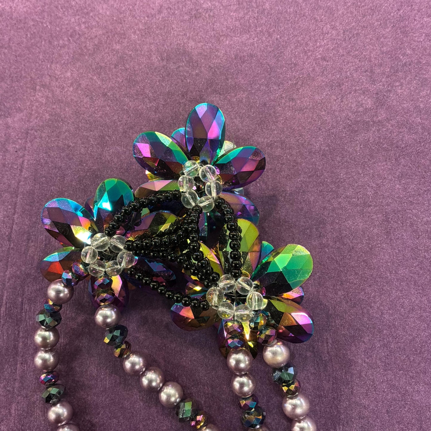 Vintage Butler and Wilson Purple Borealis Crystal and Faux Pearl Floral Statement Necklace