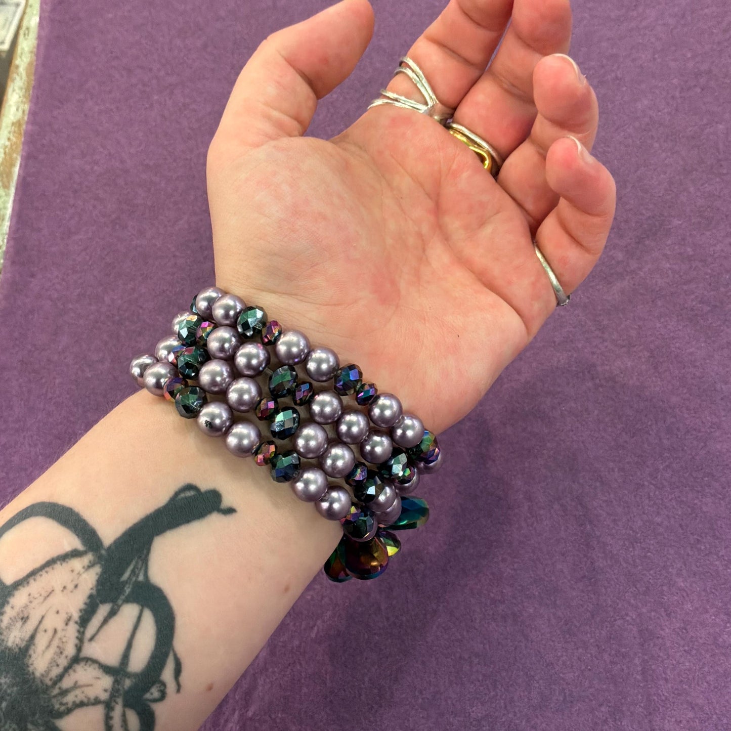Vintage Butler and Wilson Purple Borealis Crystal and Faux Pearl Flower Beaded Statement Bracelet