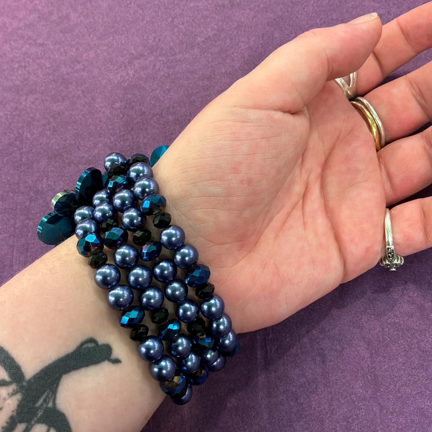 Vintage Butler and Wilson Blue Borealis Crystal and Faux Pearl Elasticated Floral Bracelet