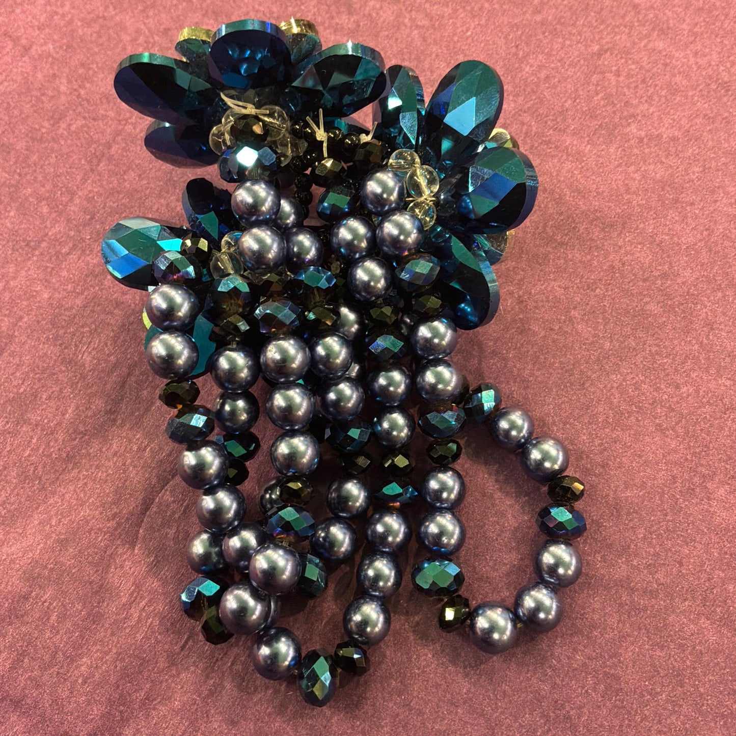 Vintage Butler and Wilson Blue Borealis Crystal and Faux Pearl Elasticated Floral Bracelet