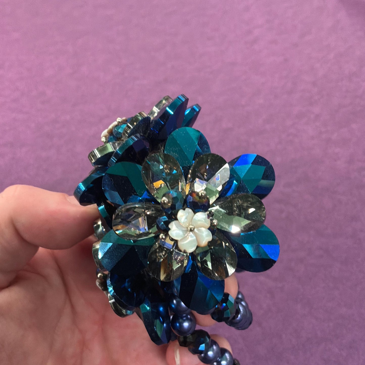 Vintage Butler and Wilson Blue Borealis Crystal and Faux Pearl Elasticated Floral Bracelet