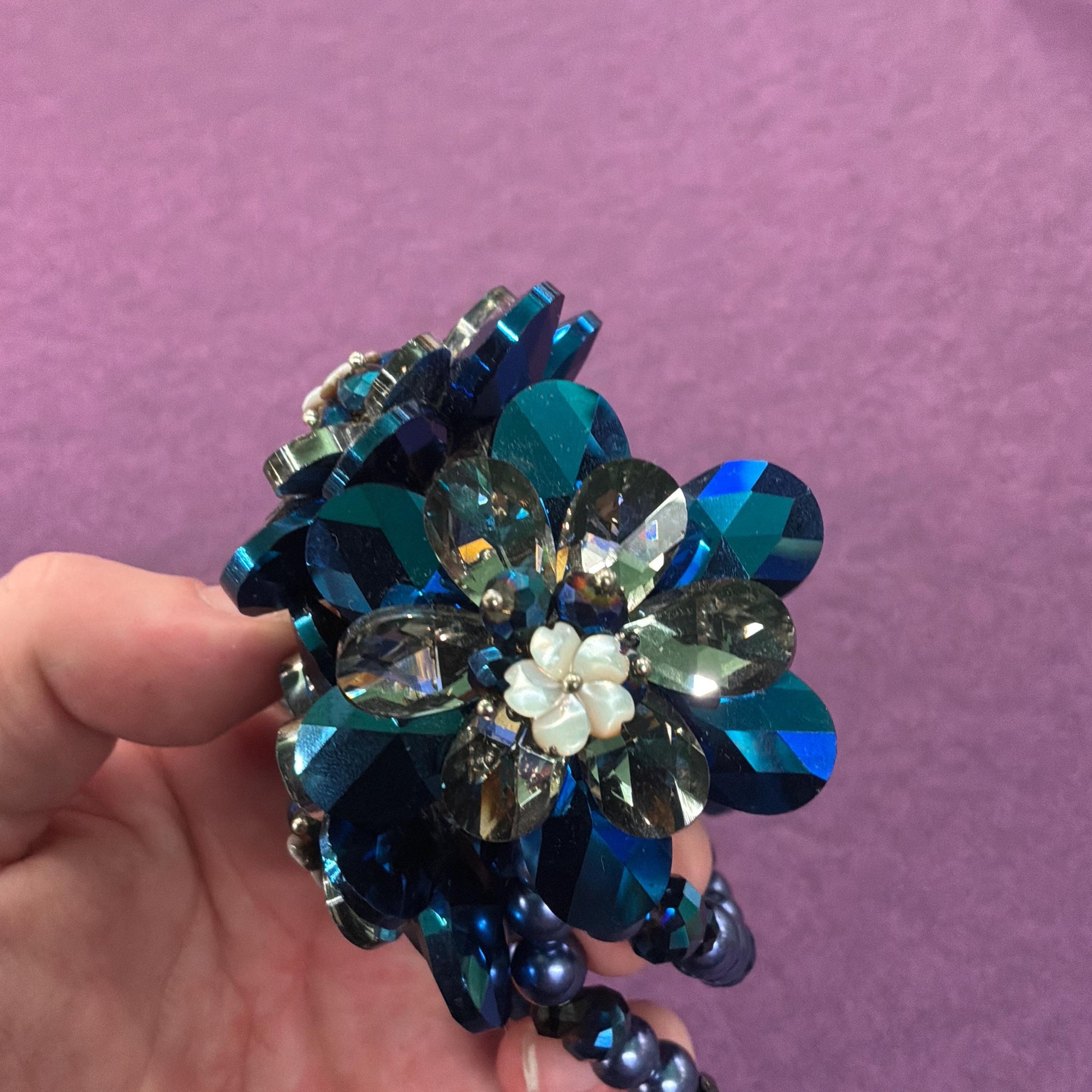 Vintage Butler and Wilson Blue Borealis Crystal and Faux Pearl Elasticated Floral Bracelet