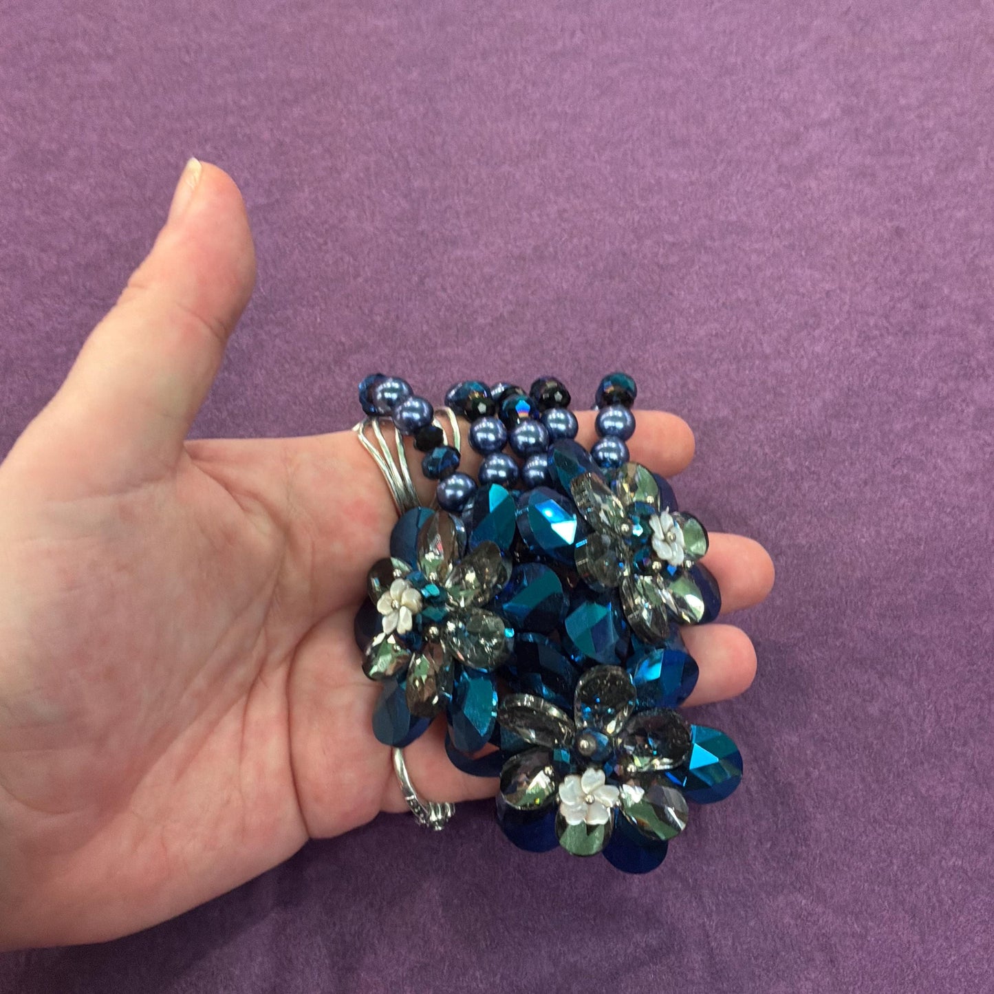 Vintage Butler and Wilson Blue Borealis Crystal and Faux Pearl Elasticated Floral Bracelet