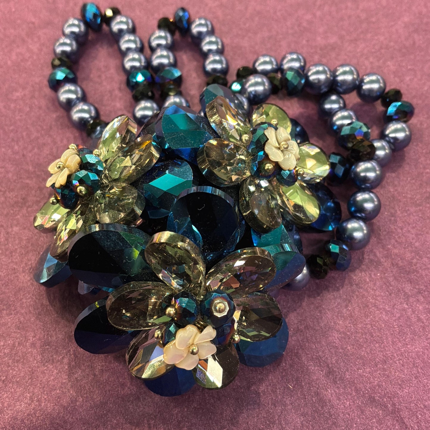 Vintage Butler and Wilson Blue Borealis Crystal and Faux Pearl Elasticated Floral Bracelet