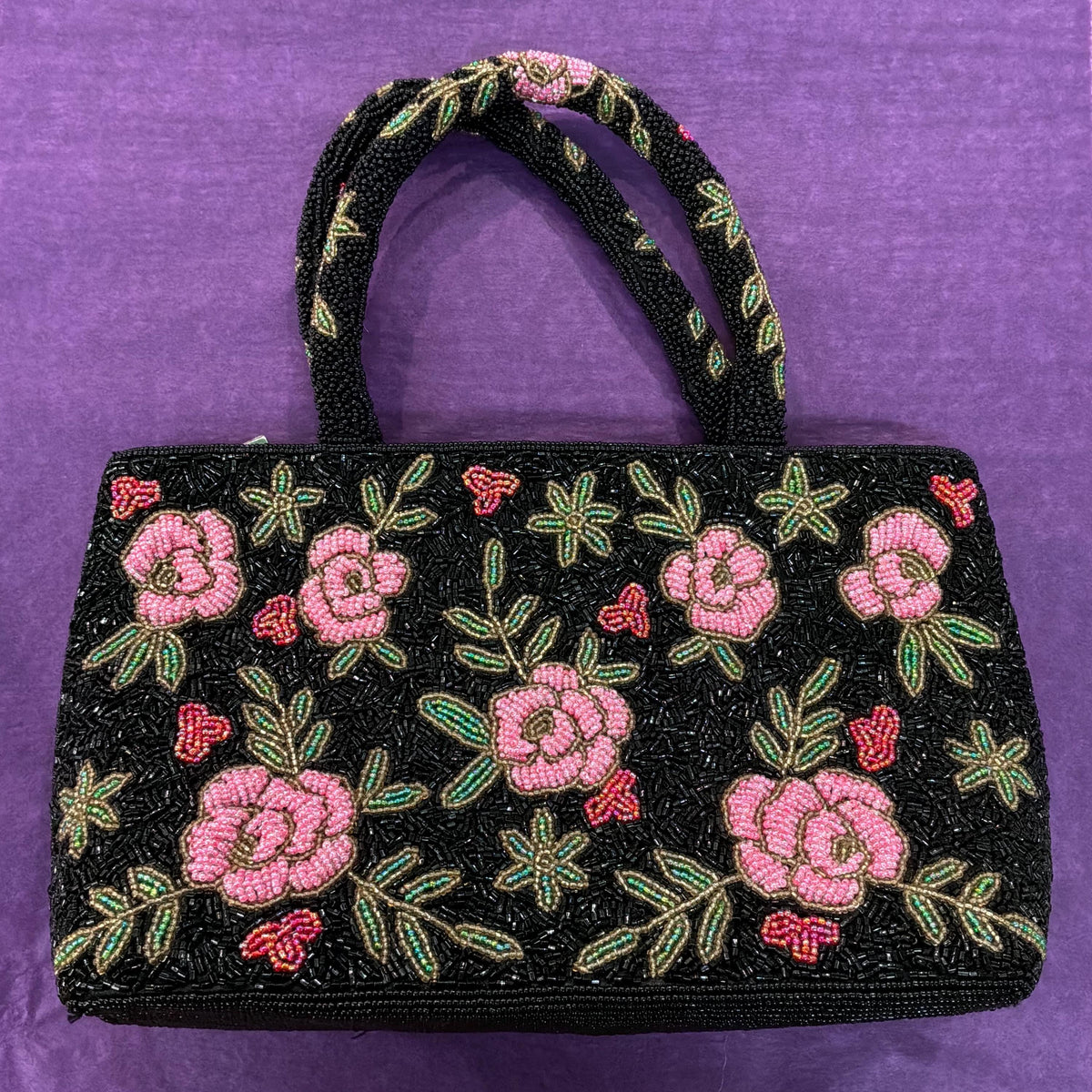 Vintage Large Beaded Evening Bag in Black with Roses
