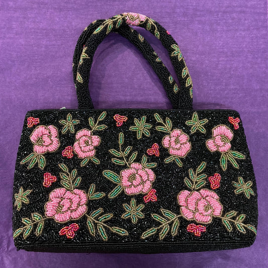 Vintage Large Beaded Evening Bag in Black with Roses