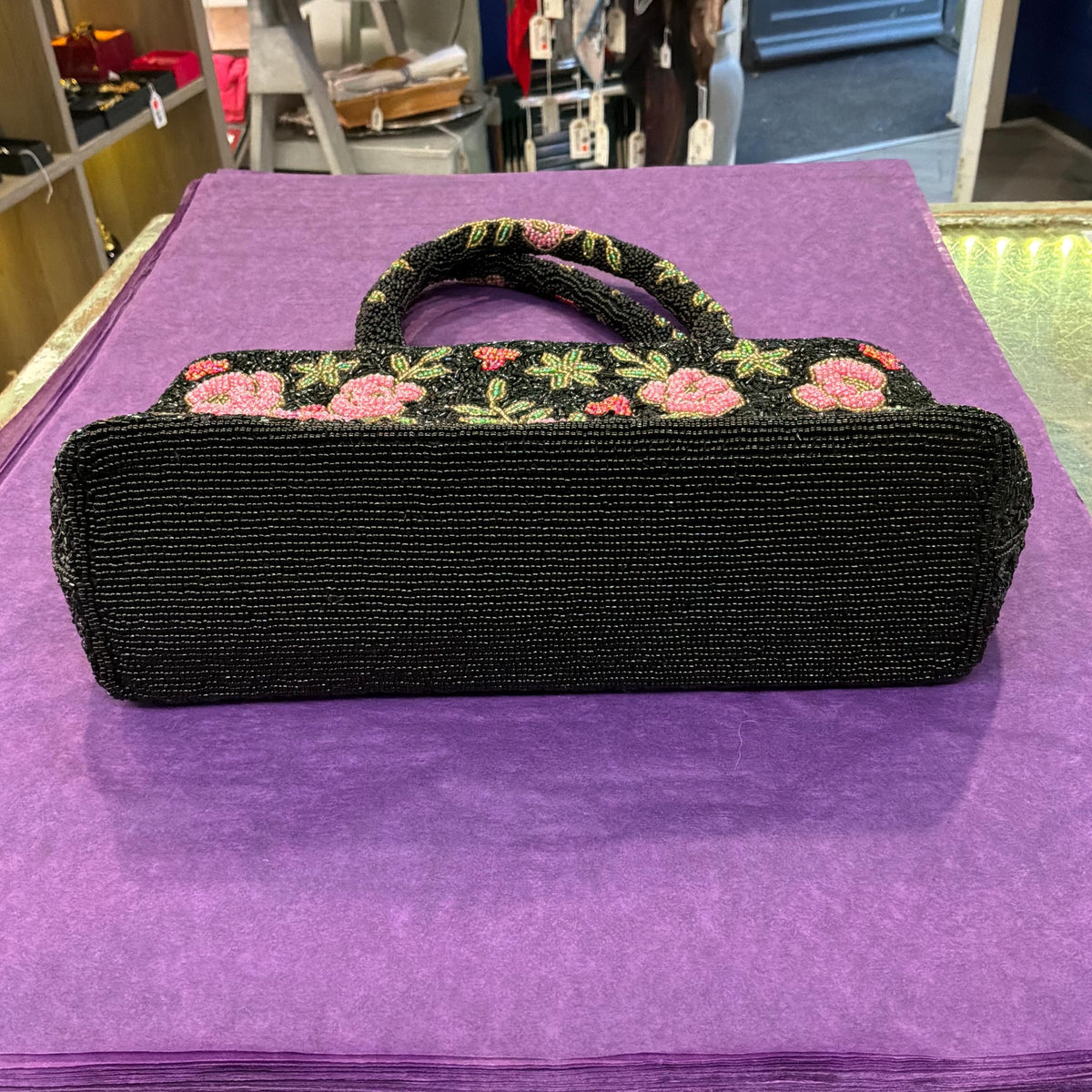 Vintage Large Beaded Evening Bag in Black with Roses
