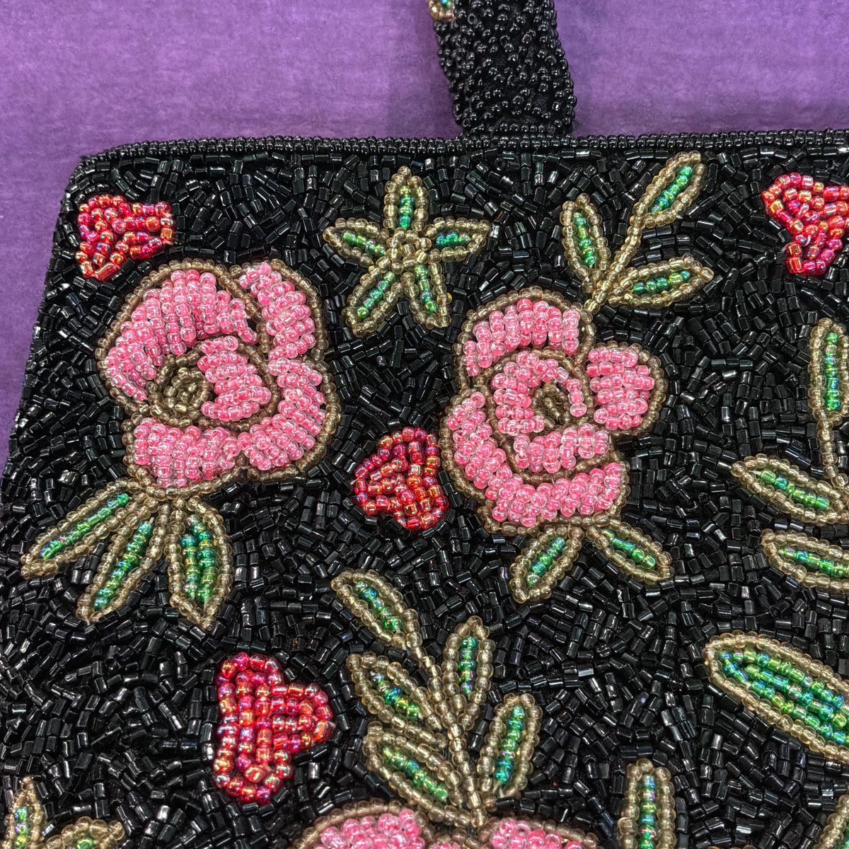 Vintage Large Beaded Evening Bag in Black with Roses