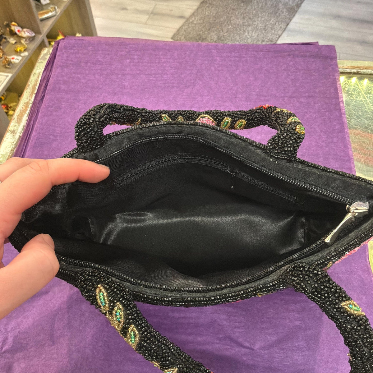 Vintage Large Beaded Evening Bag in Black with Roses