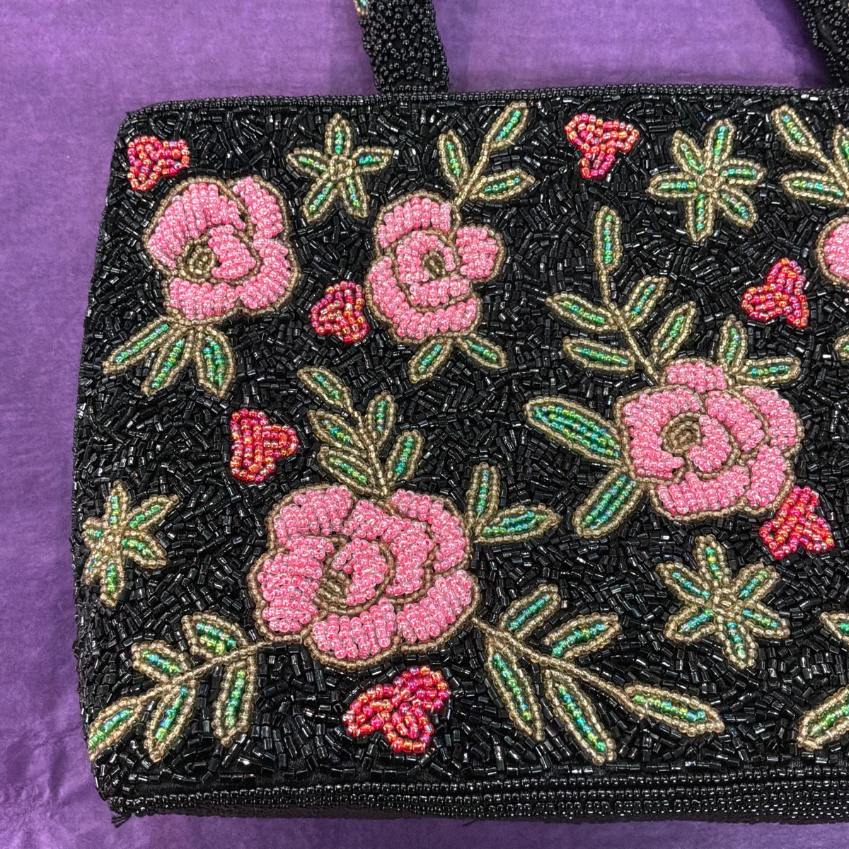 Vintage Large Beaded Evening Bag in Black with Roses