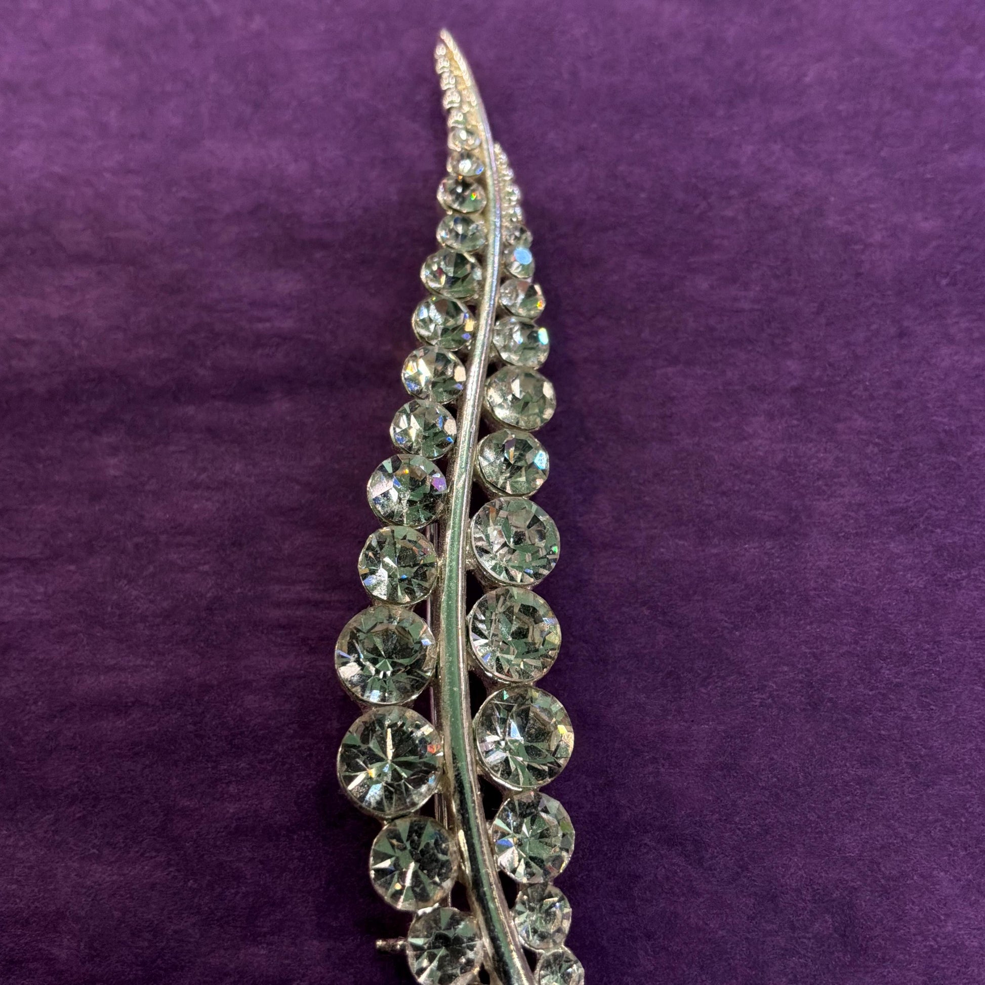 Vintage Midcentury Crystal Leaf Brooch in Silver Tone Metal