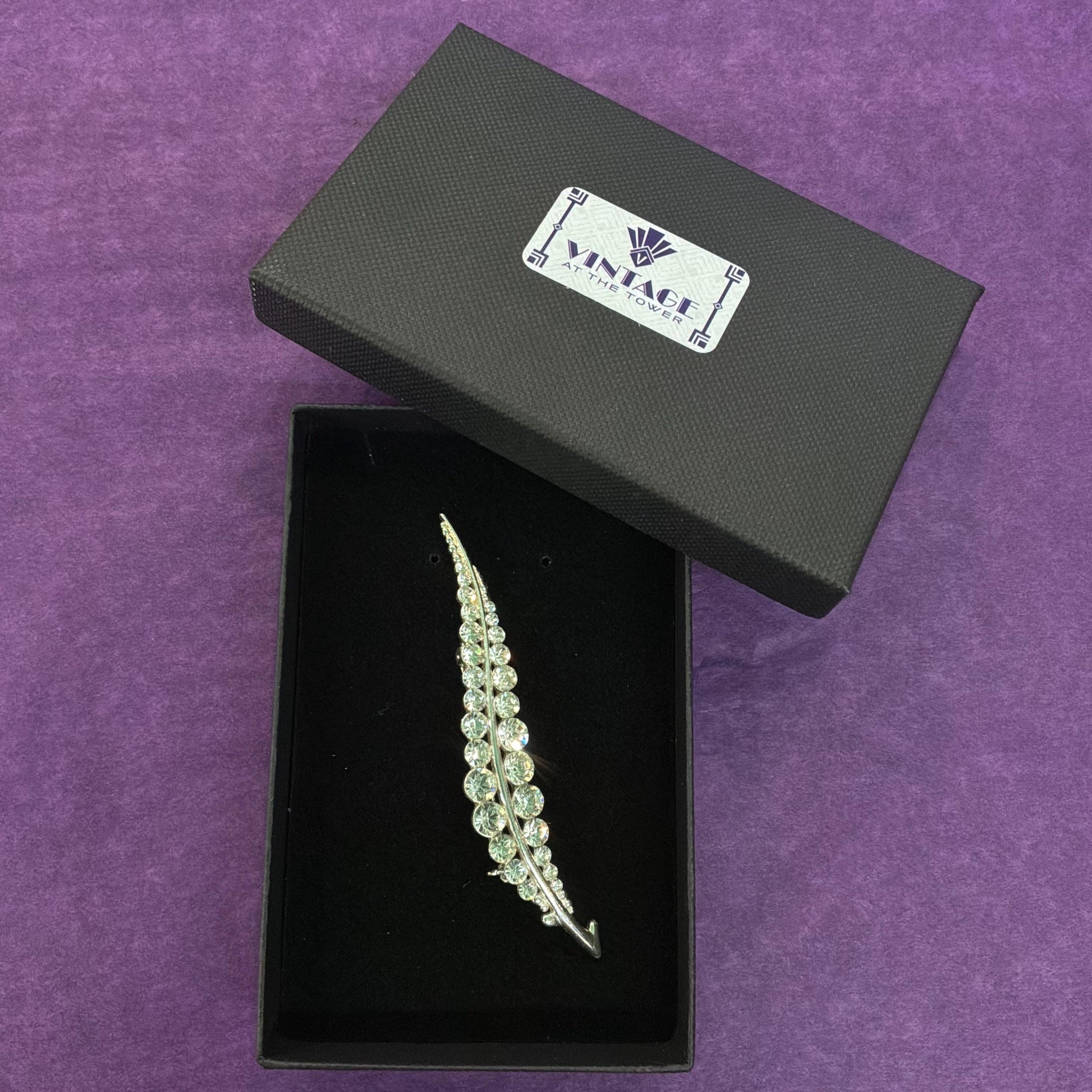 Vintage Midcentury Crystal Leaf Brooch in Silver Tone Metal