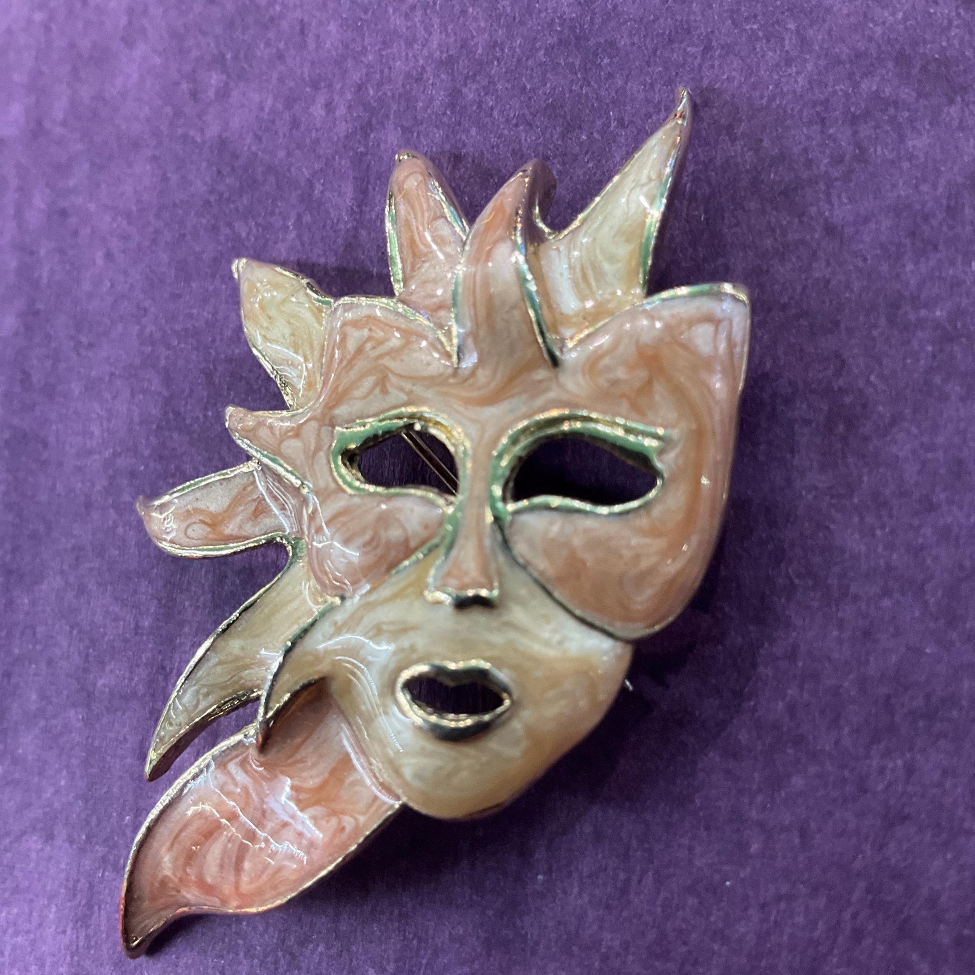 Vintage Enamel and Gold Tone Venetian Mask Brooch