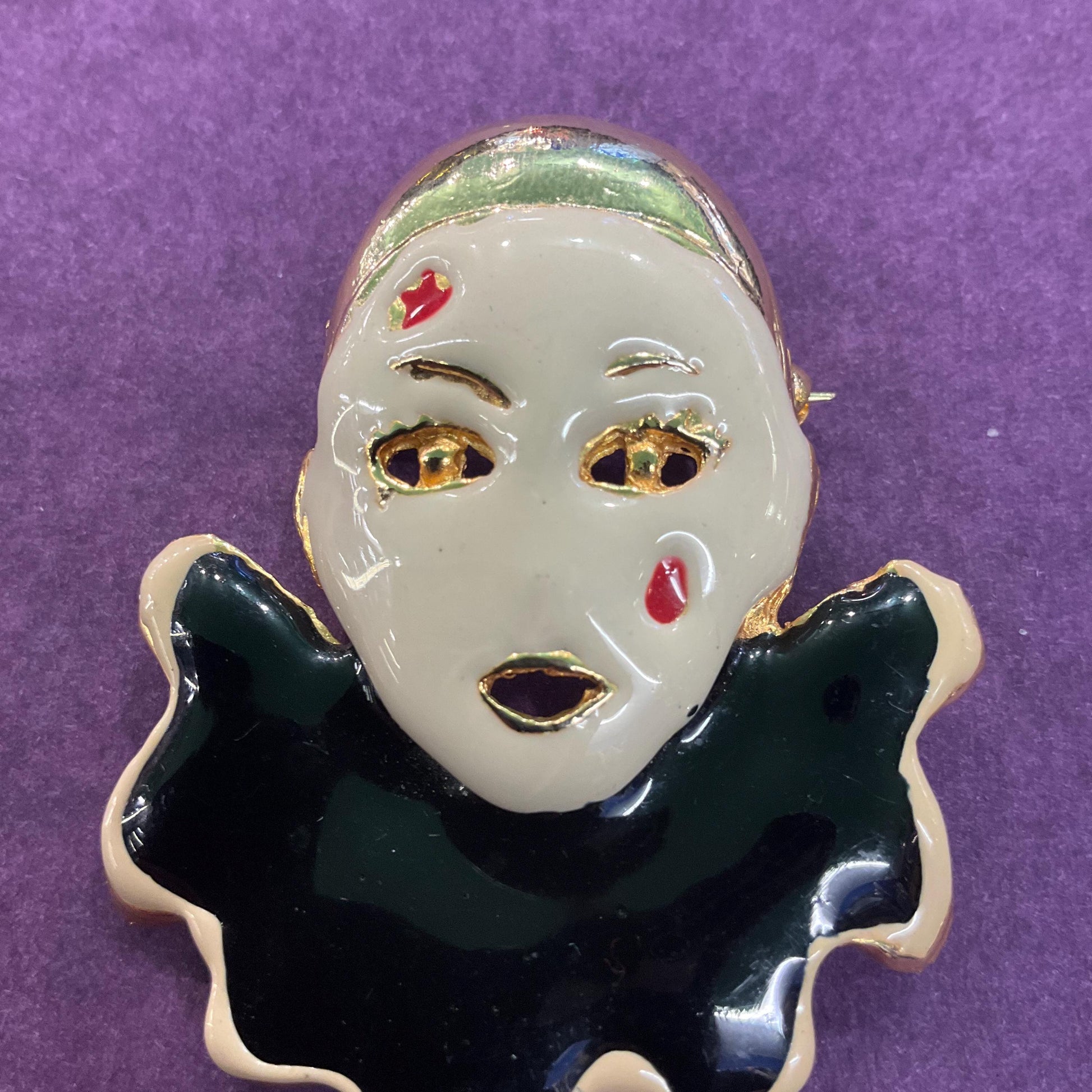 Vintage Art Deco Style Gold Tone Enamel Clown Brooch