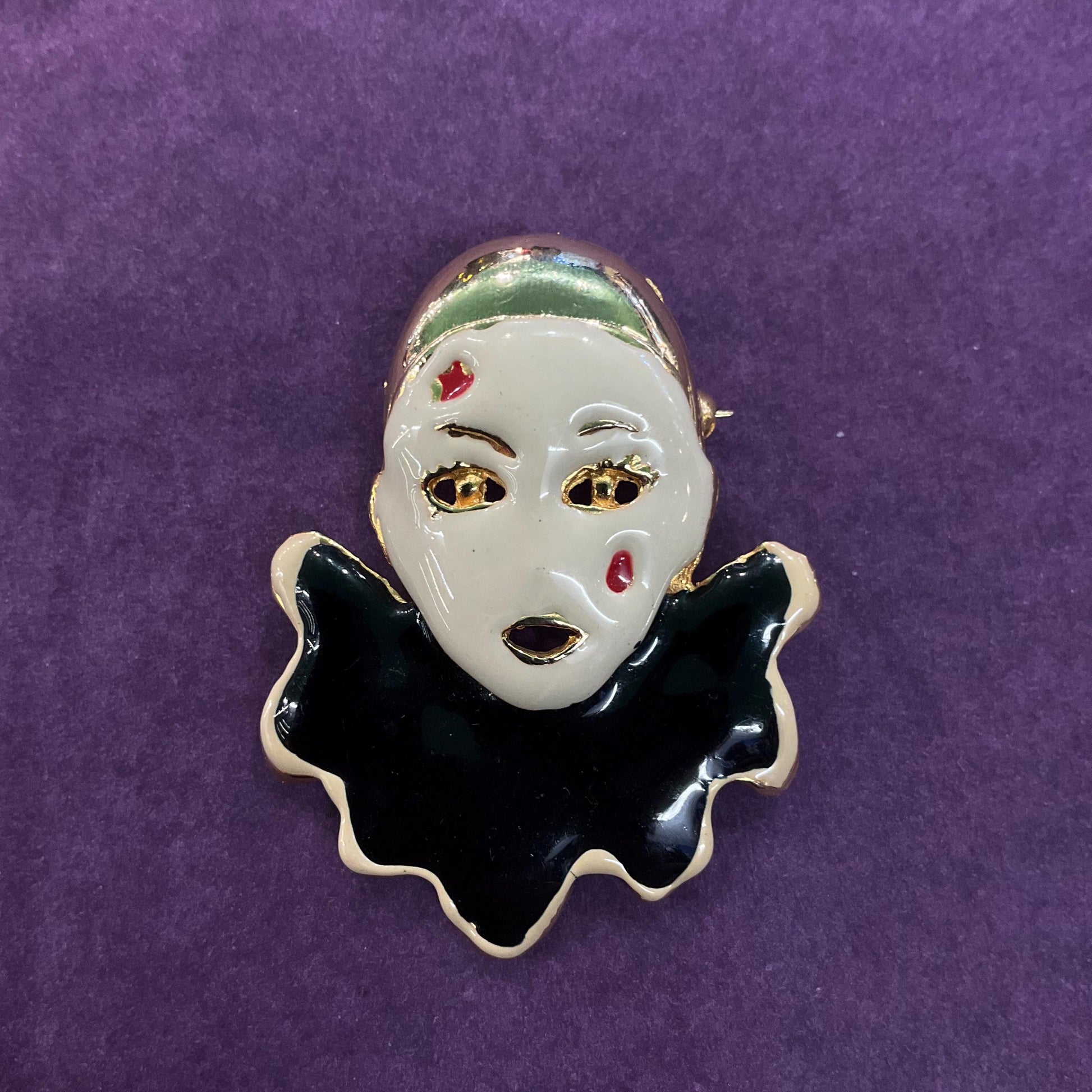 Vintage Art Deco Style Gold Tone Enamel Clown Brooch