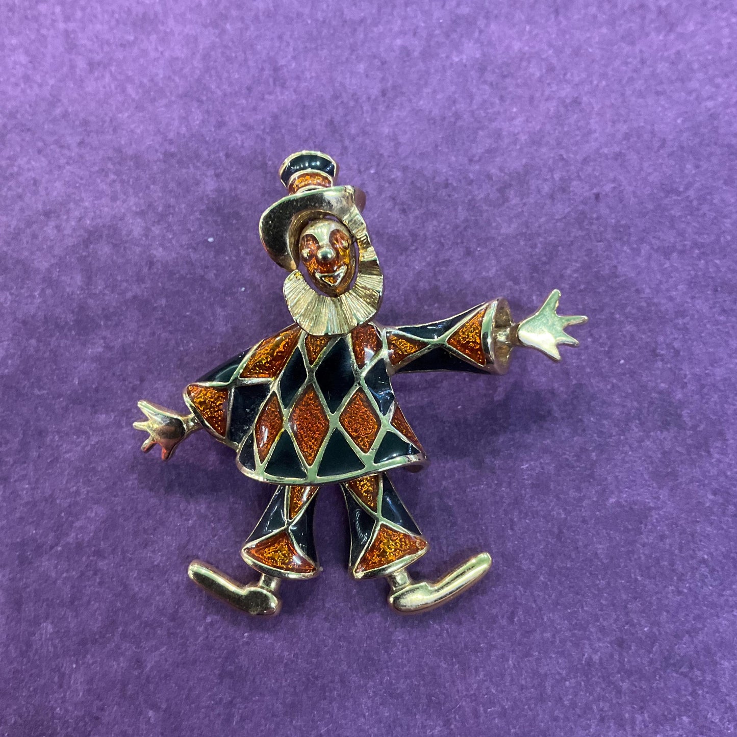Vintage Quirky Gold Tone and Enamel Clown Brooch