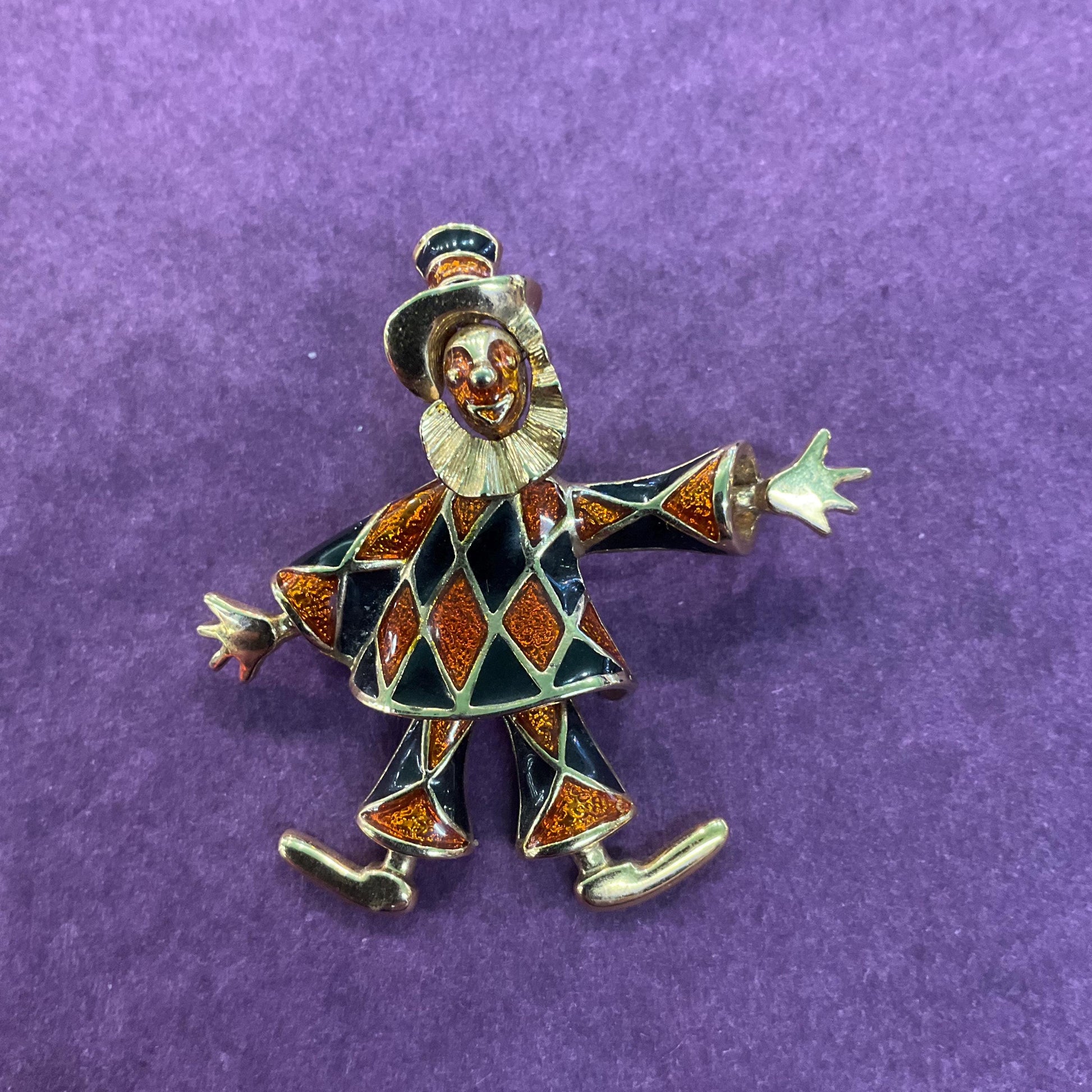 Vintage Quirky Gold Tone and Enamel Clown Brooch