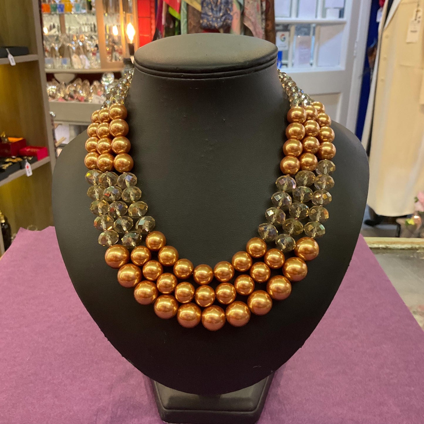 Vintage Butler and Wilson Gold Tone Borealis Crystal and Faux Pearl Triple Strand Statement Necklace