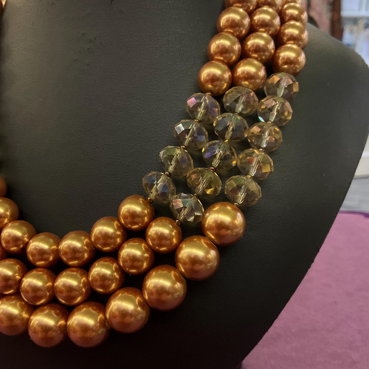 Vintage Butler and Wilson Gold Tone Borealis Crystal and Faux Pearl Triple Strand Statement Necklace