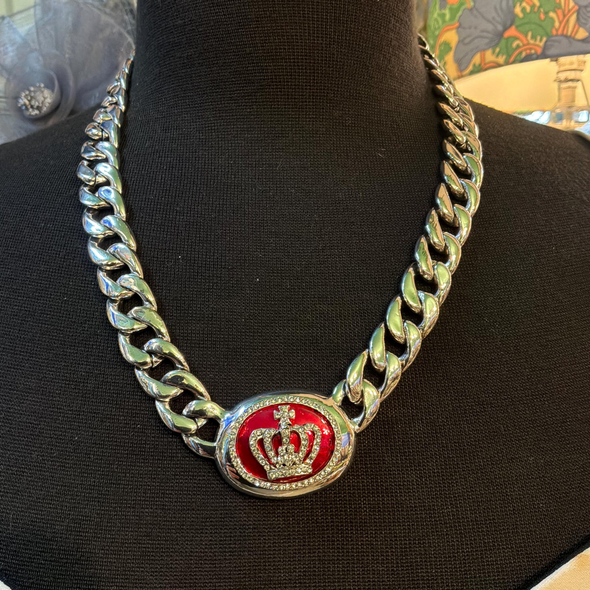 Vintage Butler and Wilson Chunky Curb Chain Necklace with Crystal Crown