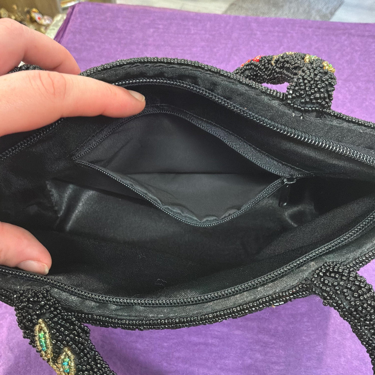Vintage Large Beaded Evening Bag in Black with Roses
