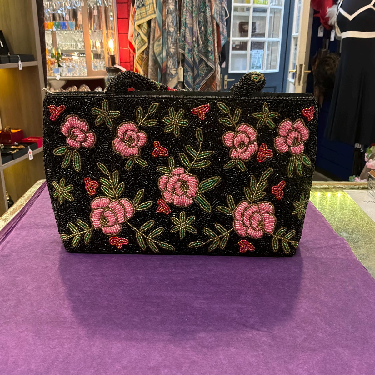 Vintage Large Beaded Evening Bag in Black with Roses