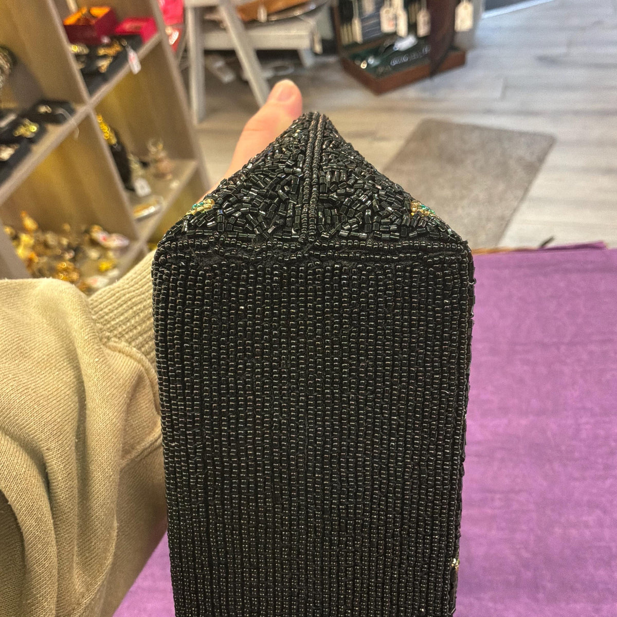 Vintage Large Beaded Evening Bag in Black with Roses
